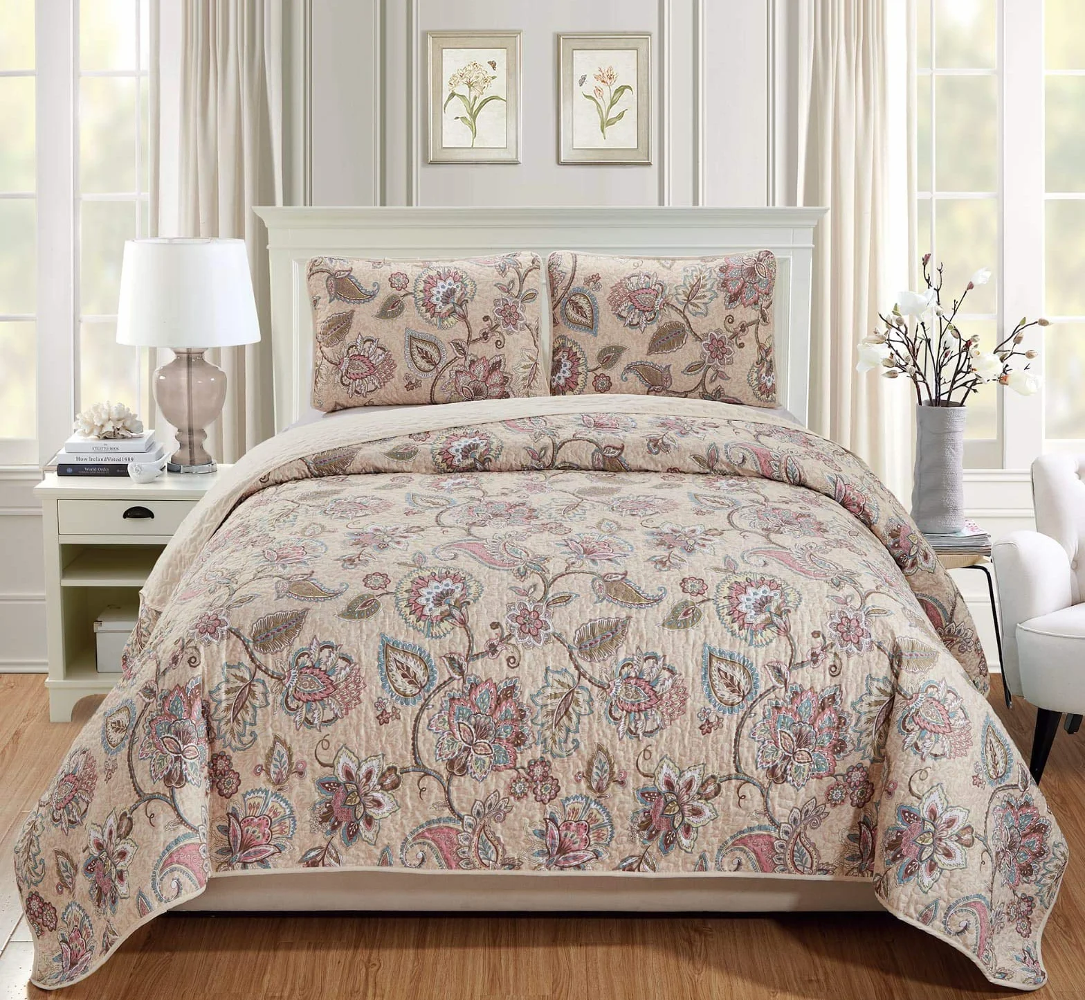 Luxury Home Collection - Juego de Colcha Reversible y Acolchada, diseño Floral, Color Beige, Rosa y Azul