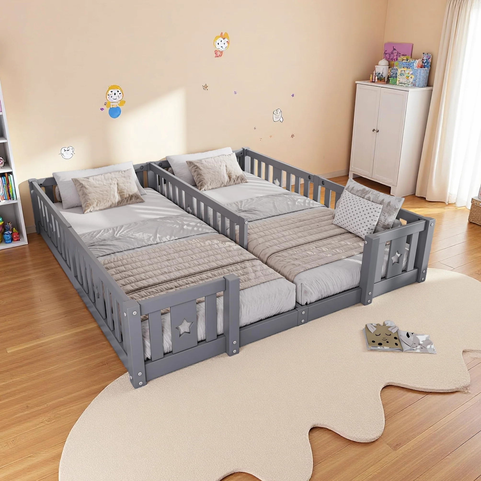 Cama en el suelo de 90 x 200 cm, cama infantil con barrera, cama montessori, madera maciza, camas dobles, para habitación de niños y niñas, sin colchón (gris A, 188 x 206 x 40)