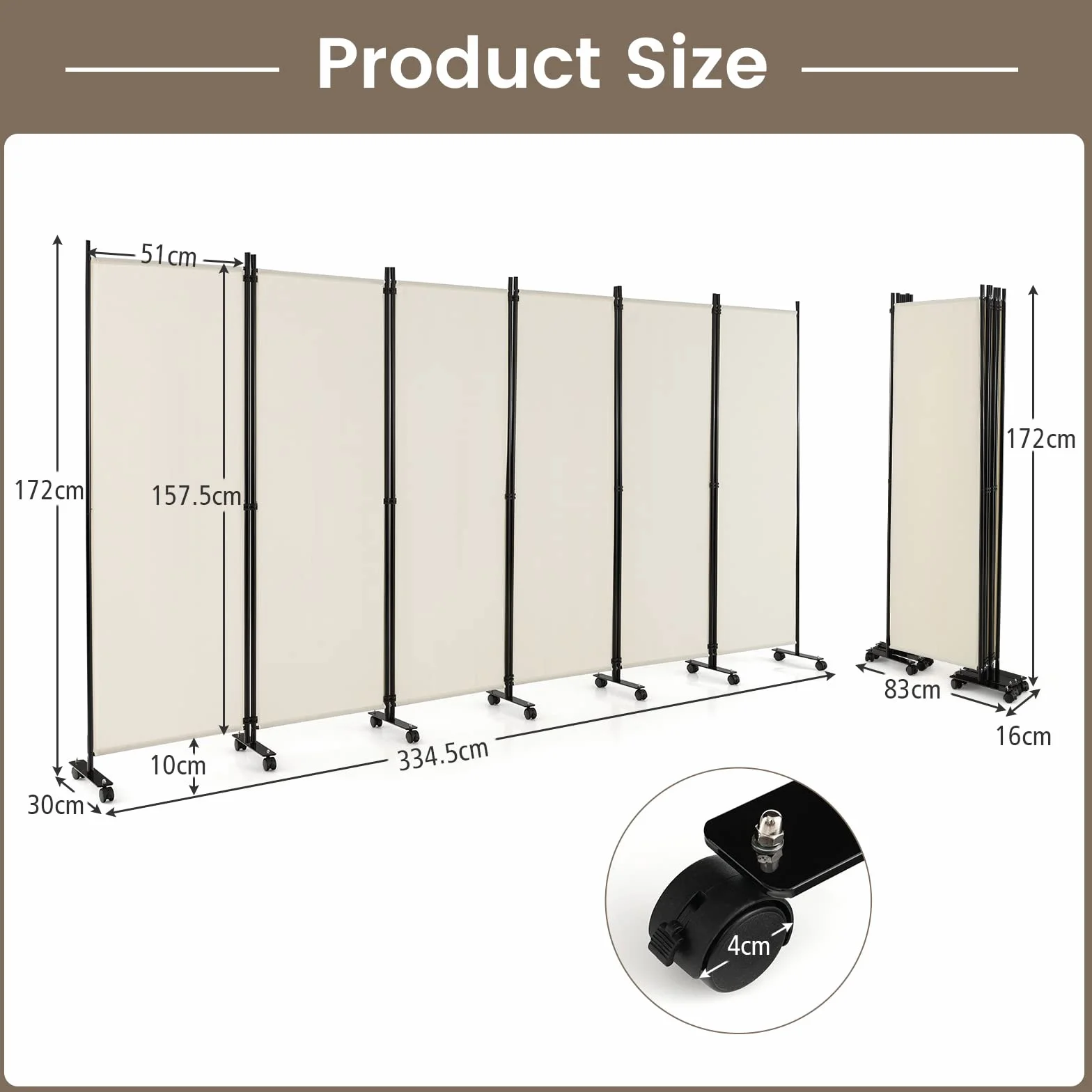 GIANTEX Biombo Plegable con Ruedas, Separador de Privacidad 6 Paneles, 334,5 x 172 cm, Divisor de Habitación de Tela con Patas Anchas, Protección Privada (Beige)