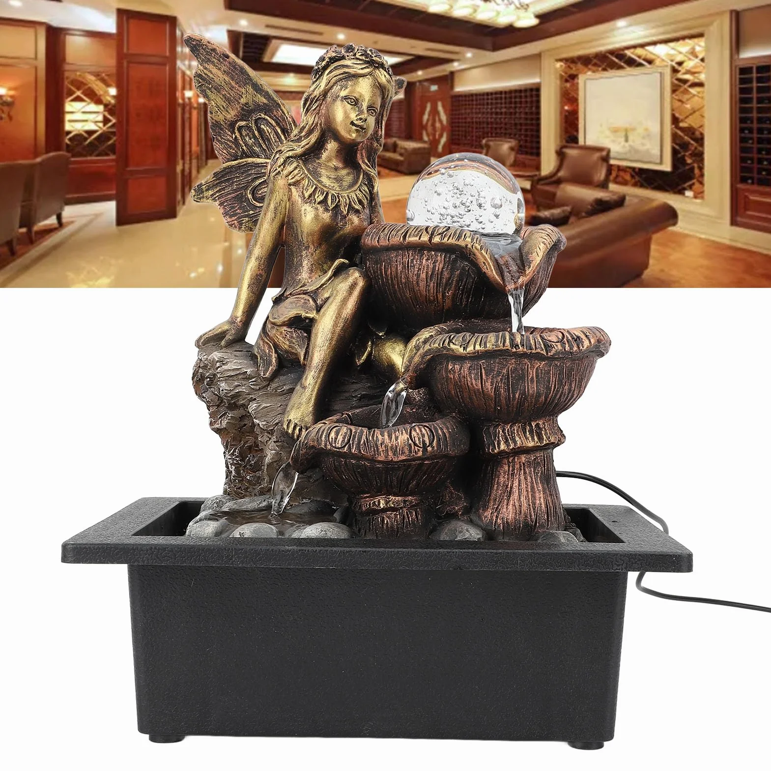 Fuente de Mesa, Fuentes de Agua Fuente Interior USB Bomba Silenciosa Aumentar la Humedad Decorativa con Luz LED Fuente de Escritorio de Meditación Zen Interior para Oficina en Casa