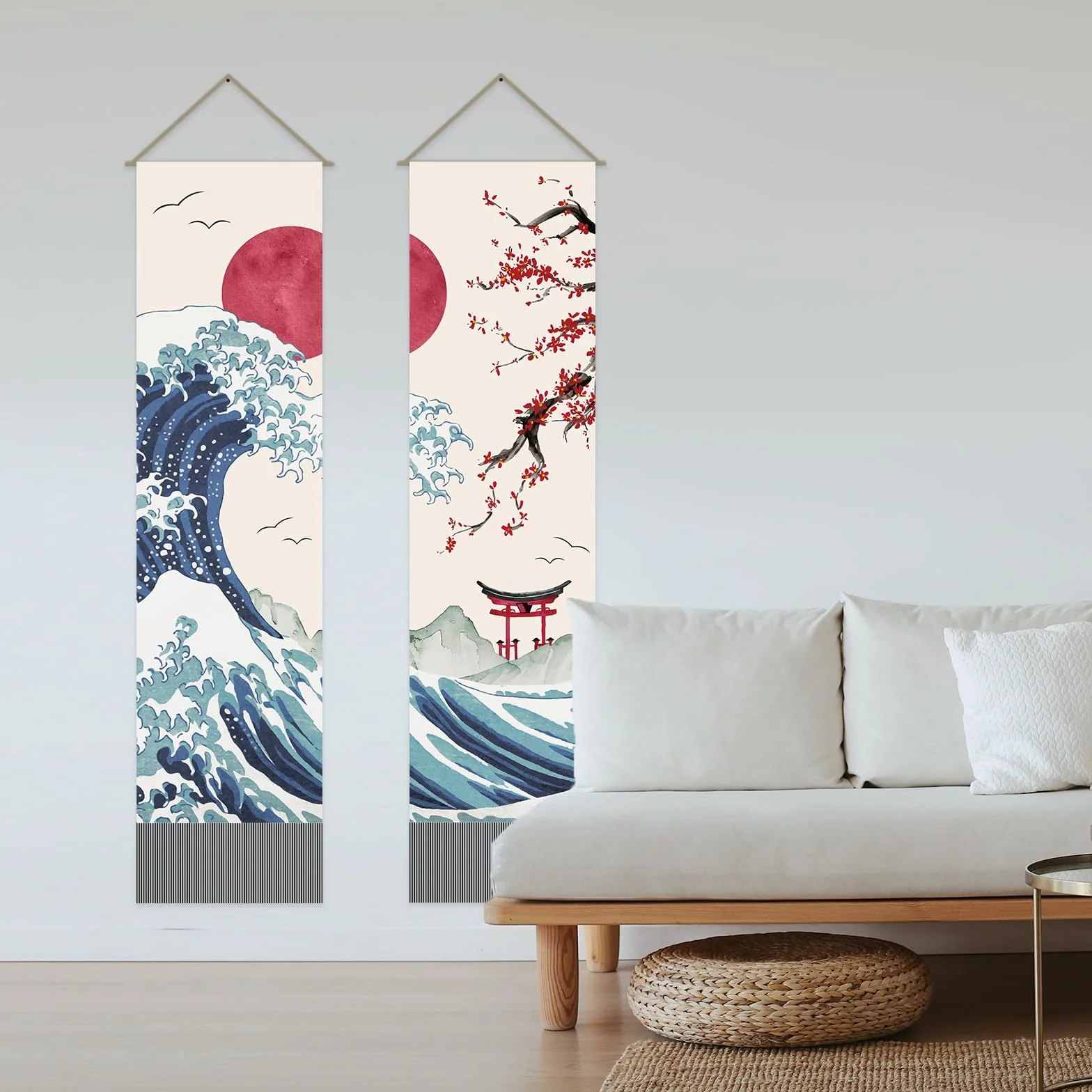 AHANDMAKER Tapiz Japonés Olas Oceánicas Rojas 33x130 cm Paquete 2