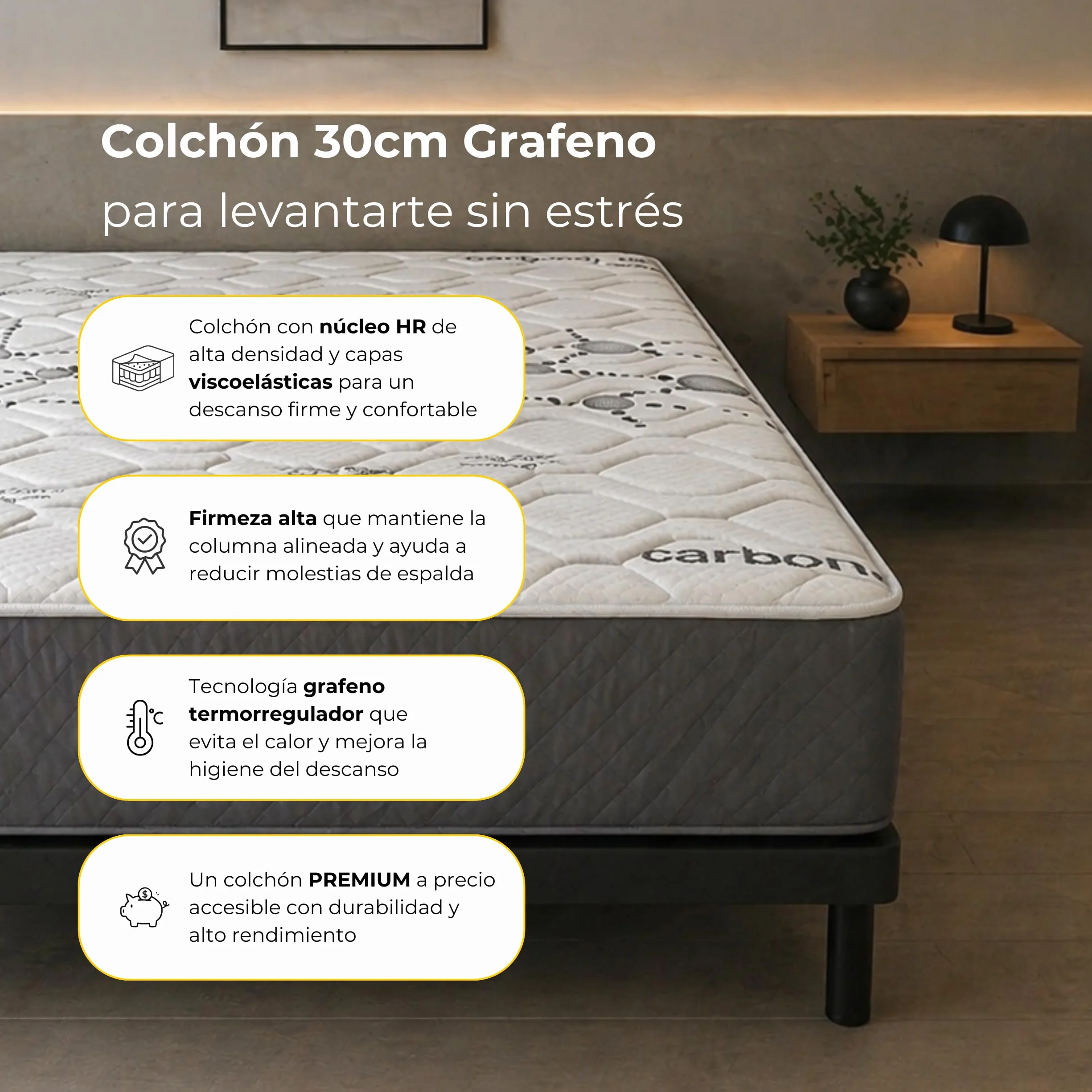Colchón Viscoelástico Anti-Stress 30cm Firmeza Muy Alta 150x190 Fabricado en España