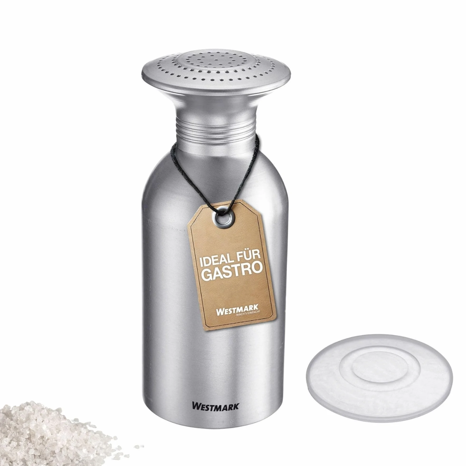 Westmark Salero gastro de aluminio Omega– práctico especiero para catering y cocinas grandes, también apto para azúcar, recipiente para sal con tapa – acero inoxidable, 650 ml