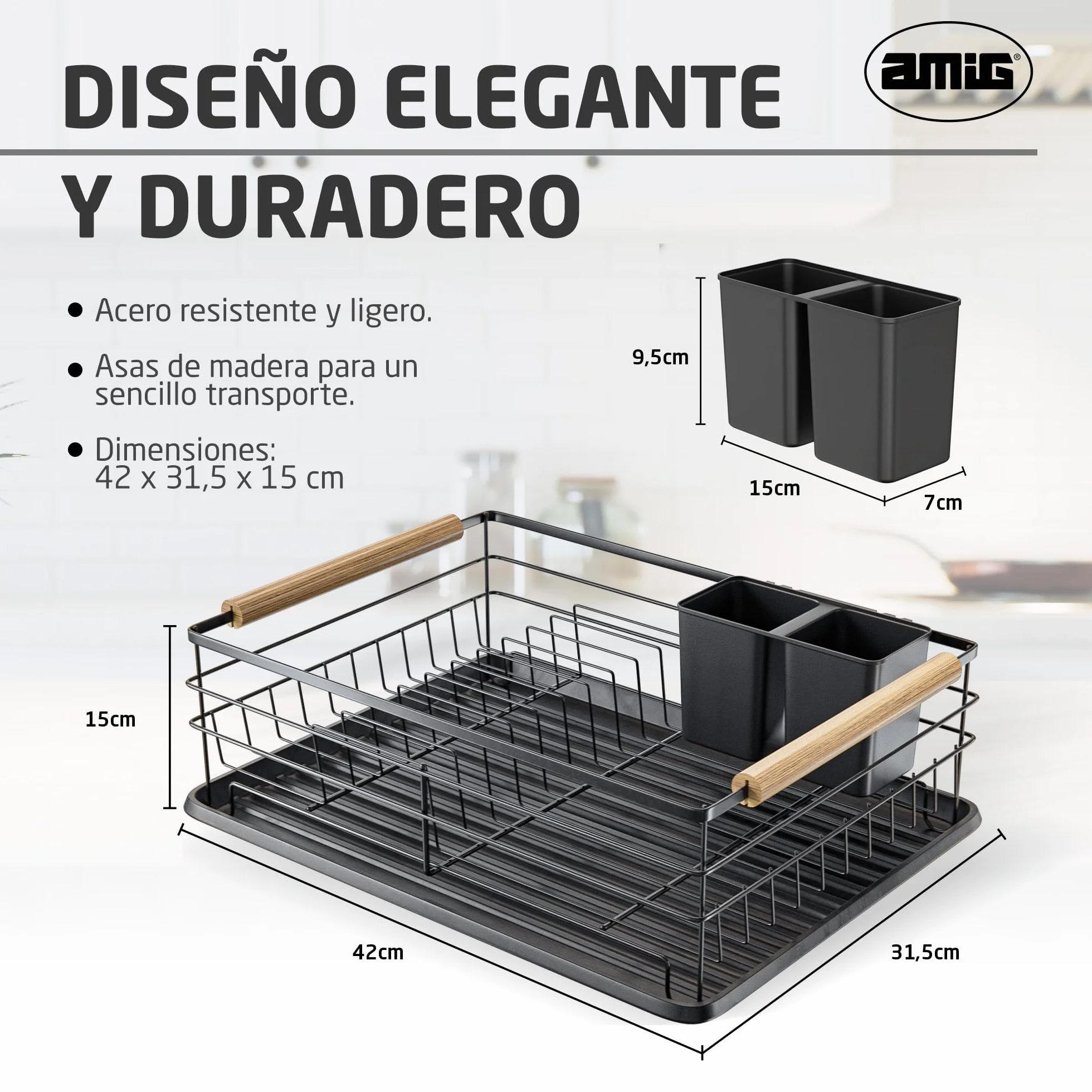 Amig - Escurreplatos Graz II Negro - 42 x 31,5 x 15 cm - Acero con Mango de Madera - Color Negro - Escurreplatos con Bandeja de Goteo y Soporte para Cubiertos - Capacidad 10 Platos y 6 Vasos