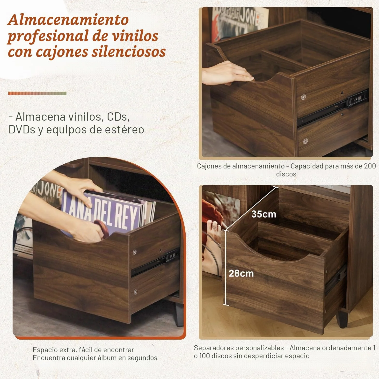 Mueble Tocadiscos con Estante para Vinilos y 2 Cajones – Mesa Auxiliar de Madera, Compatible con Todos los Tocadiscos y Altavoces