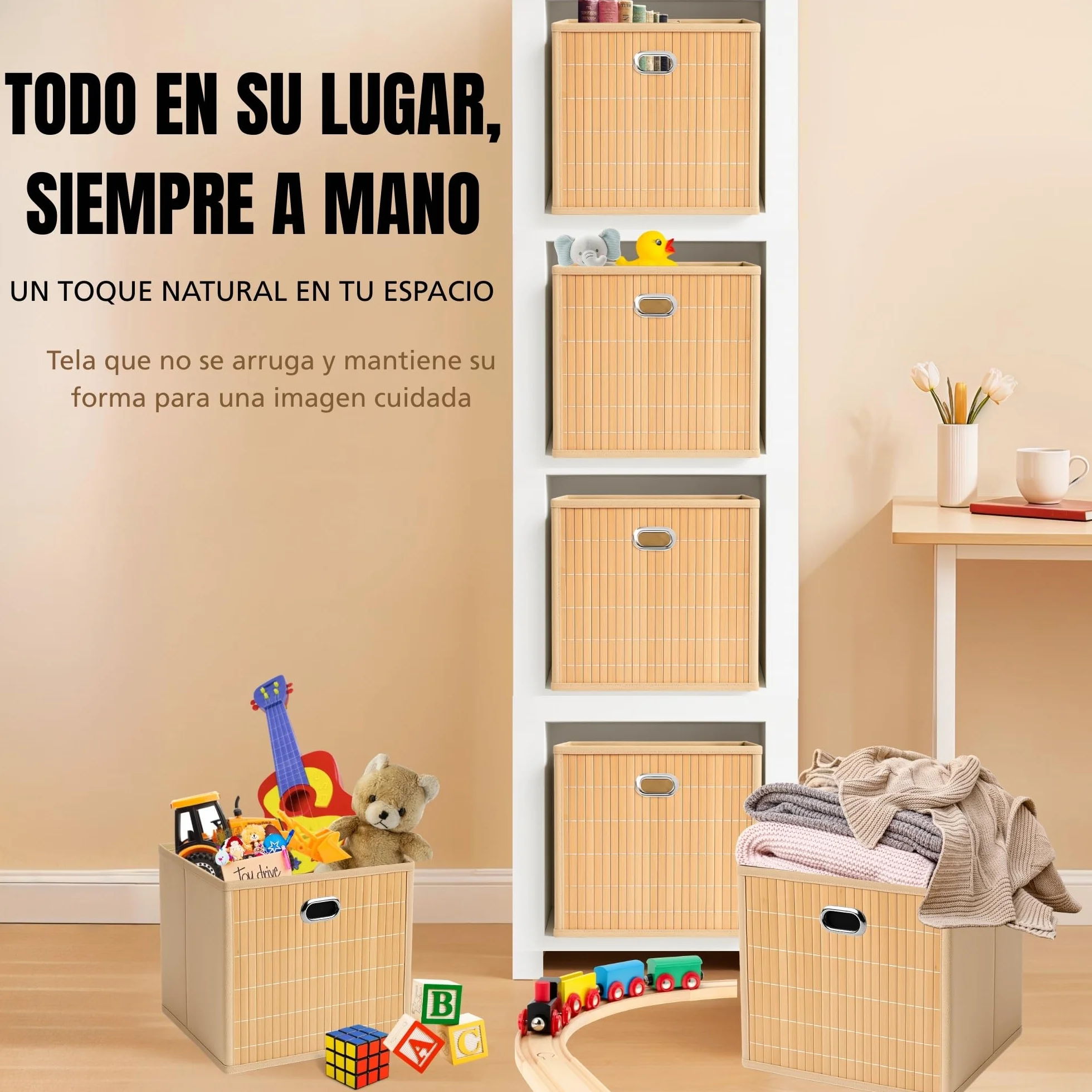 6 Cajas Almacenaje - Cestas Almacenaje - Cajas Organizadoras 31x31x31cm - Cajas Almacenaje Decorativas Hechas En Bamboo Y Tela - Cestas Organizadoras - (BEIGE, 31x31x31 cm)