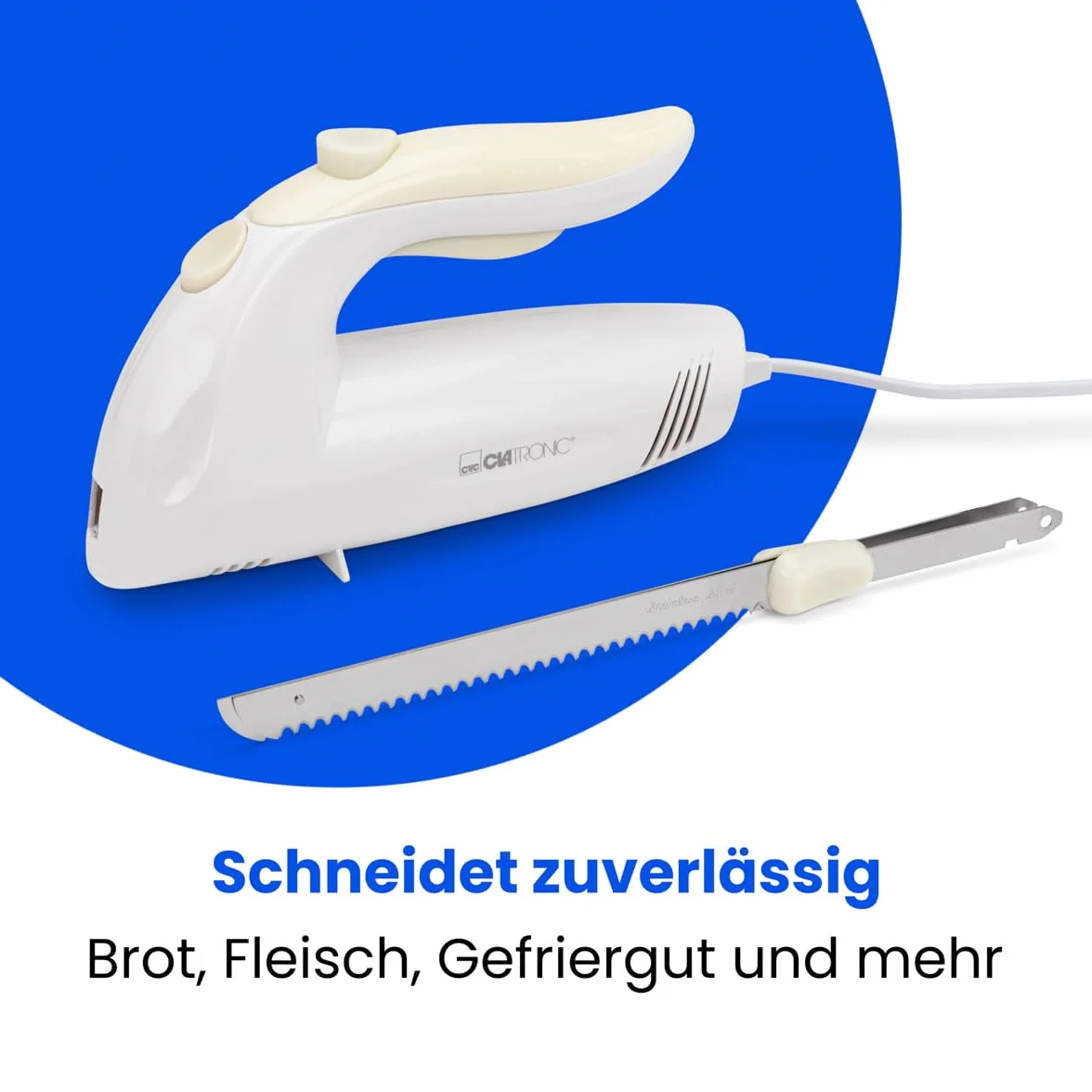 Clatronic EM 3062 - Cuchillo eléctrico dentado de acero inoxidable, 150 W, color blanco