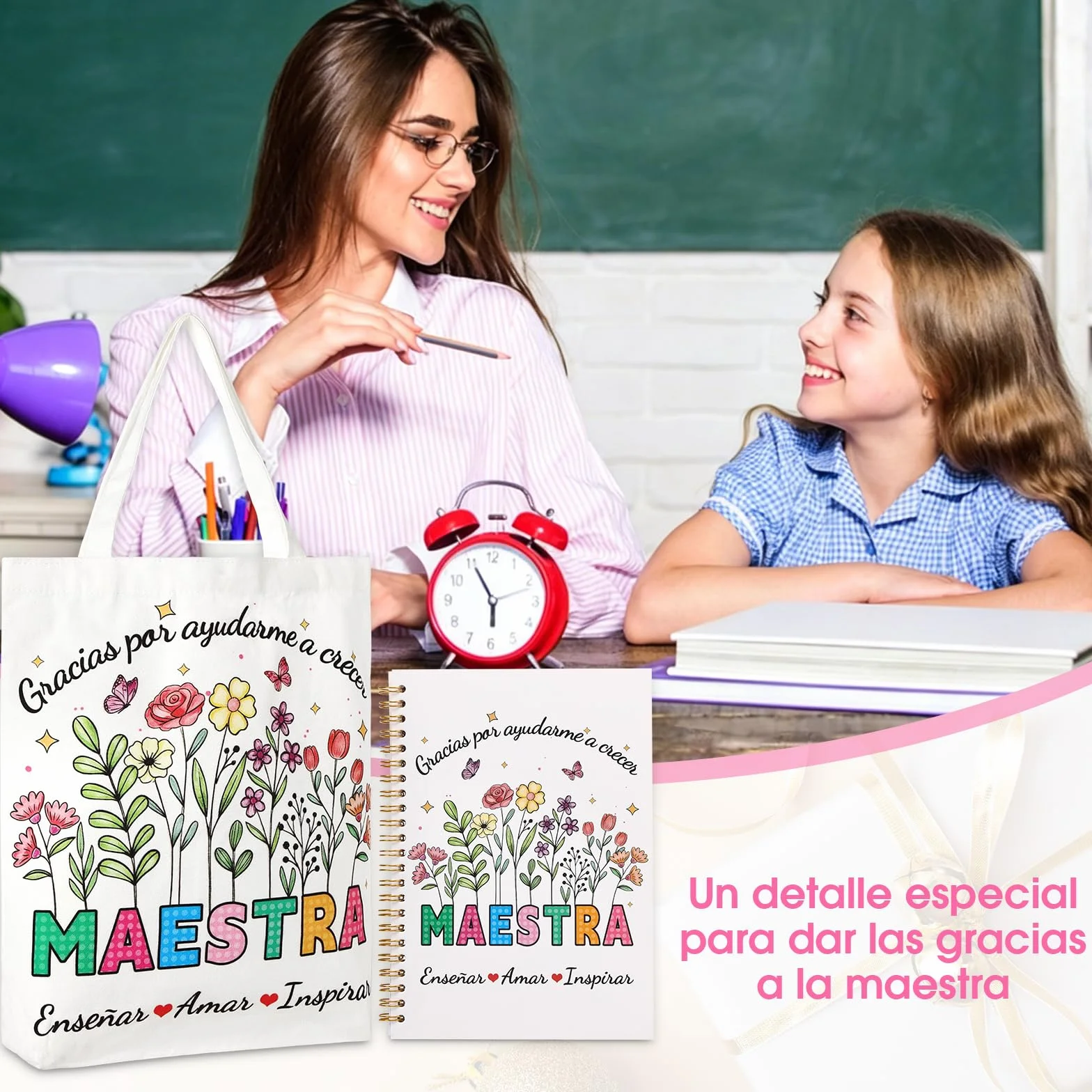 Echehi Regalo Maestra Infantil Set 6 Piezas con Tote Bag Cuaderno A5 Llavero Bolígrafo Tarjeta Caja Original