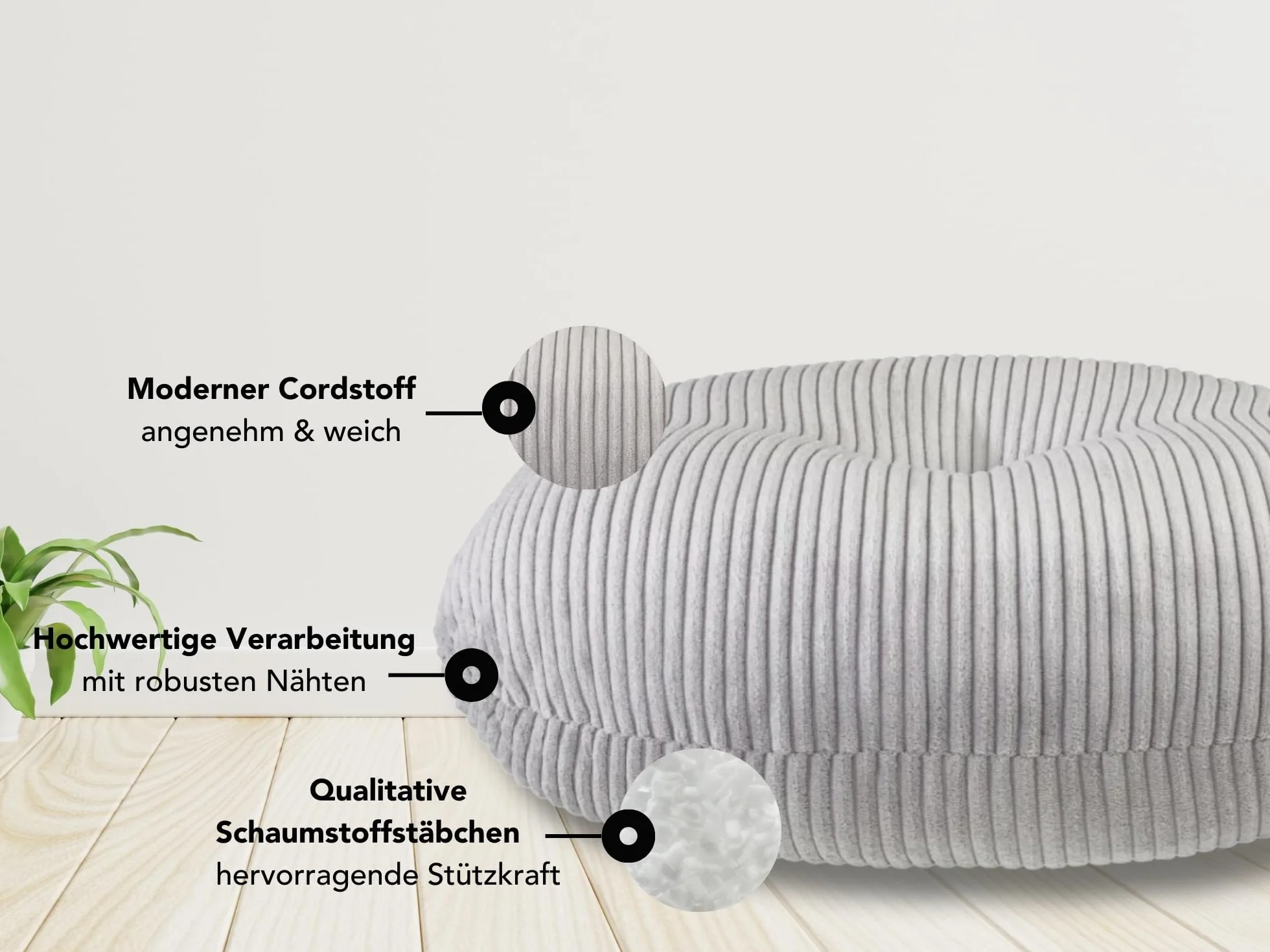 XDREAM Cojín de suelo de pana 60 cm diámetro, cojín de yoga meditación, puf con funda Oeko-TEX, altura 18 cm