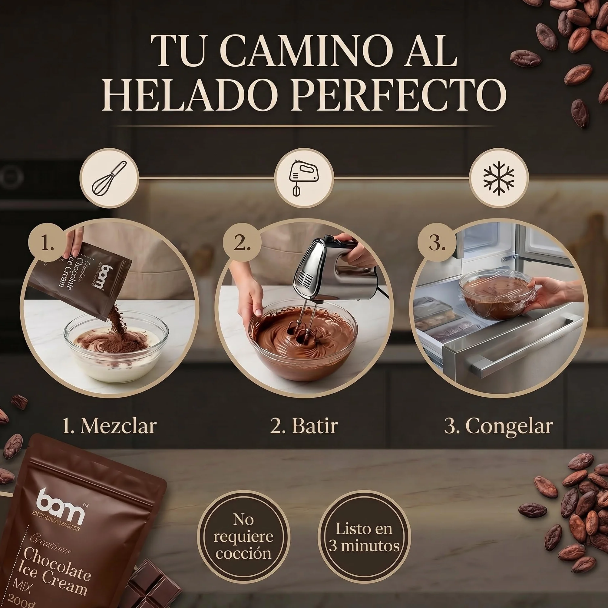 BAM Mezcla para Helado de Chocolate Cremoso 200 g Preparado Casero sin Máquina
