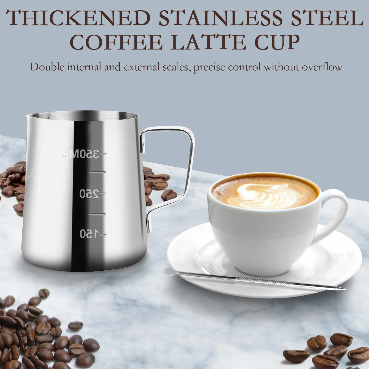 JOPHEK Jarra de Leche Barista 304 Acero Inoxidable Con Medición y Lápiz Decorador Para Espresso, Café y Espuma (350ML)