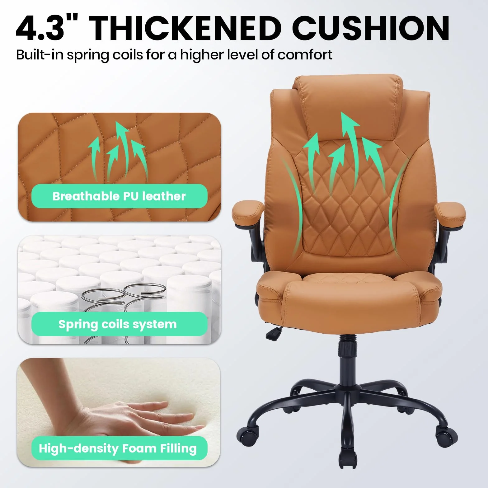 Silla Ejecutiva Oficina Ergonómica Cuero Sintético 159 kg Brazos Abatibles Soporte Lumbar