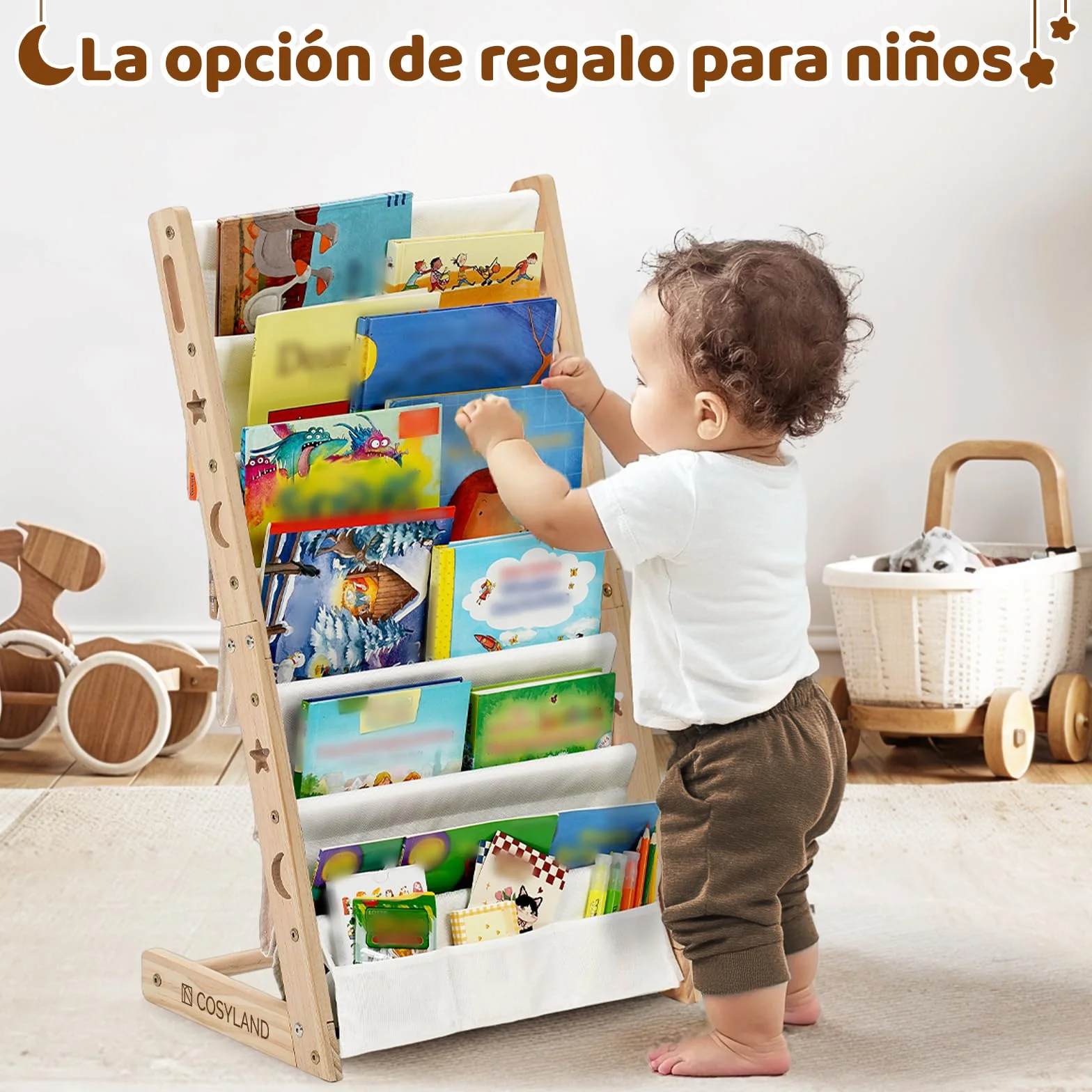 COSYLAND Estantería Infantil 7 Niveles Organizador Libros Dormitorio Guardería Sala Juegos Natural Mediano