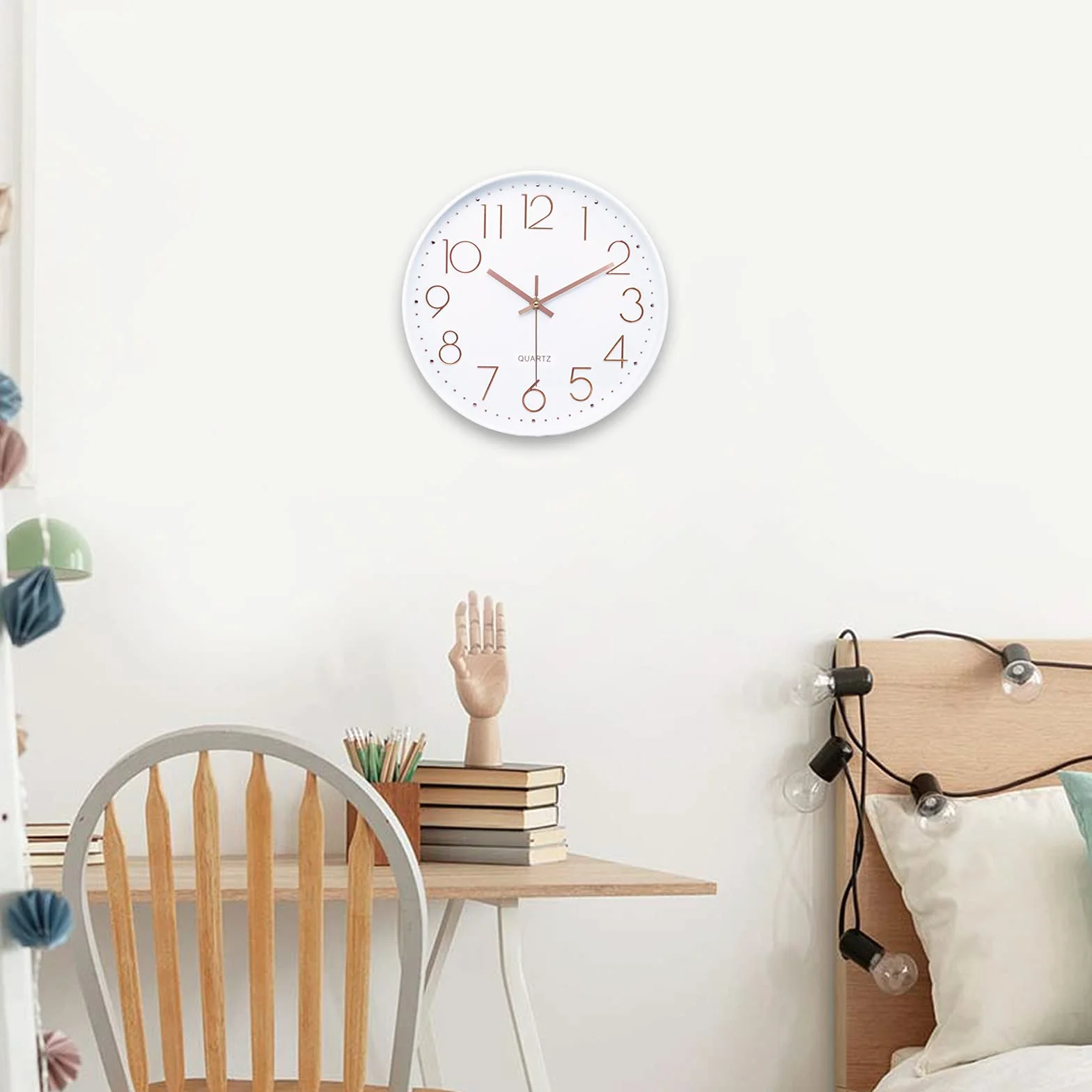 Lafocuse Reloj de Pared 30cm Blanco Silencioso Oro Rosa Números 3D Moderno