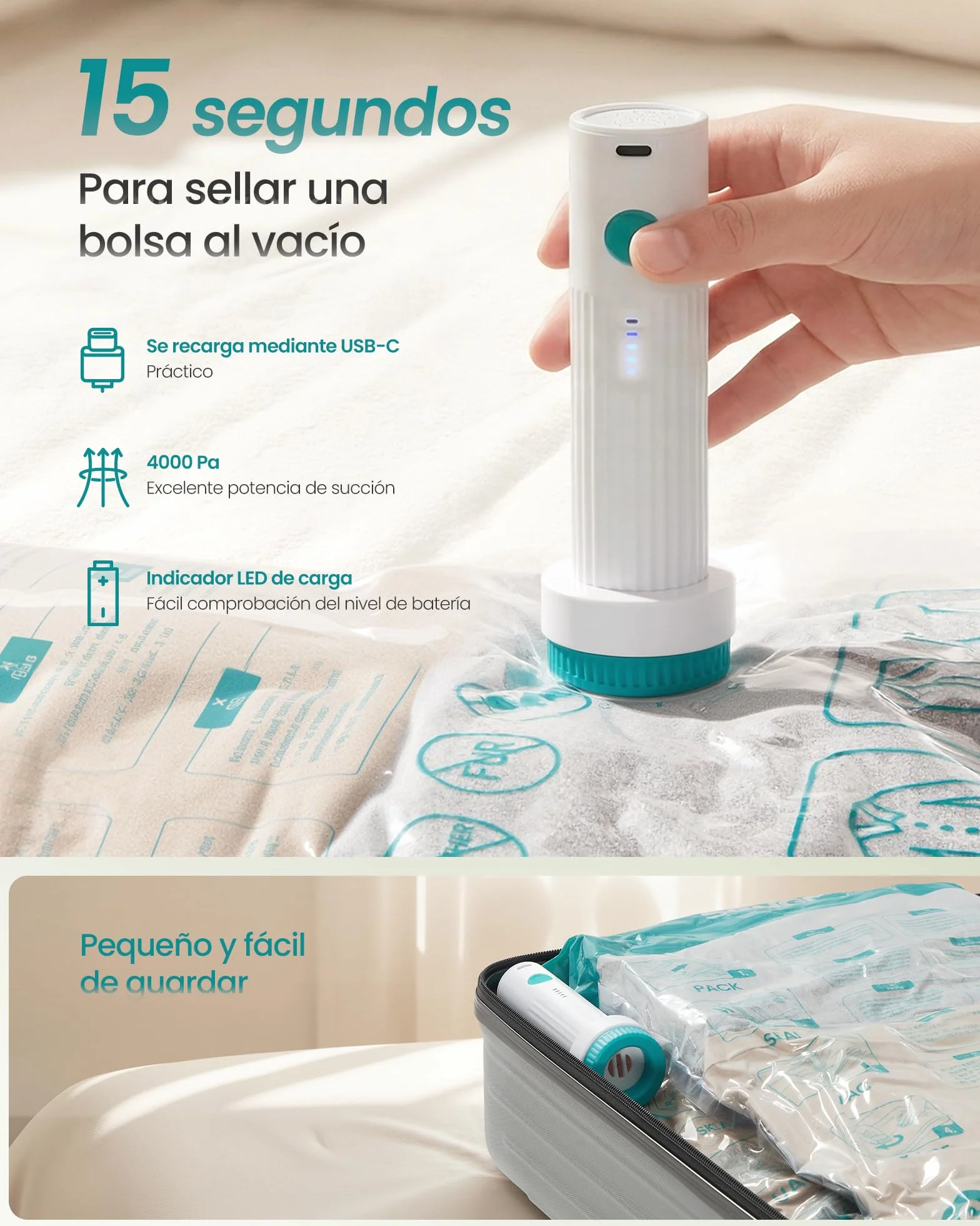 SONGMICS Bolsas de Vacío 9 Piezas con Bomba Eléctrica Recargable, Compactas y Reutilizables, 3M/3L/3J
