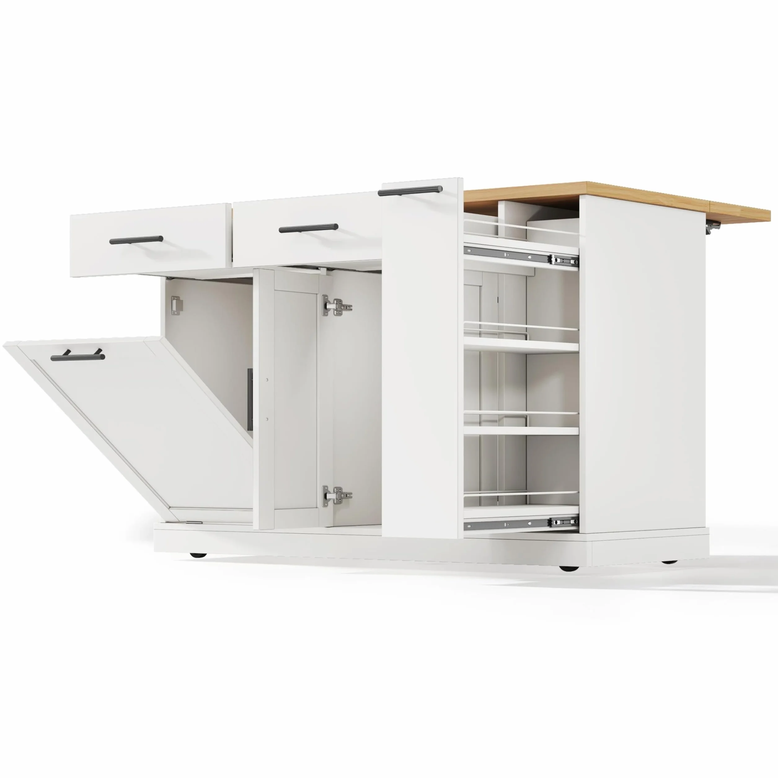 Isla de cocina con encimera plegable, armario de basura y ruedas con bloqueo, estante para especias de 4 niveles, 2 cajones, 120 × 45 (70) × 93 cm, color blanco