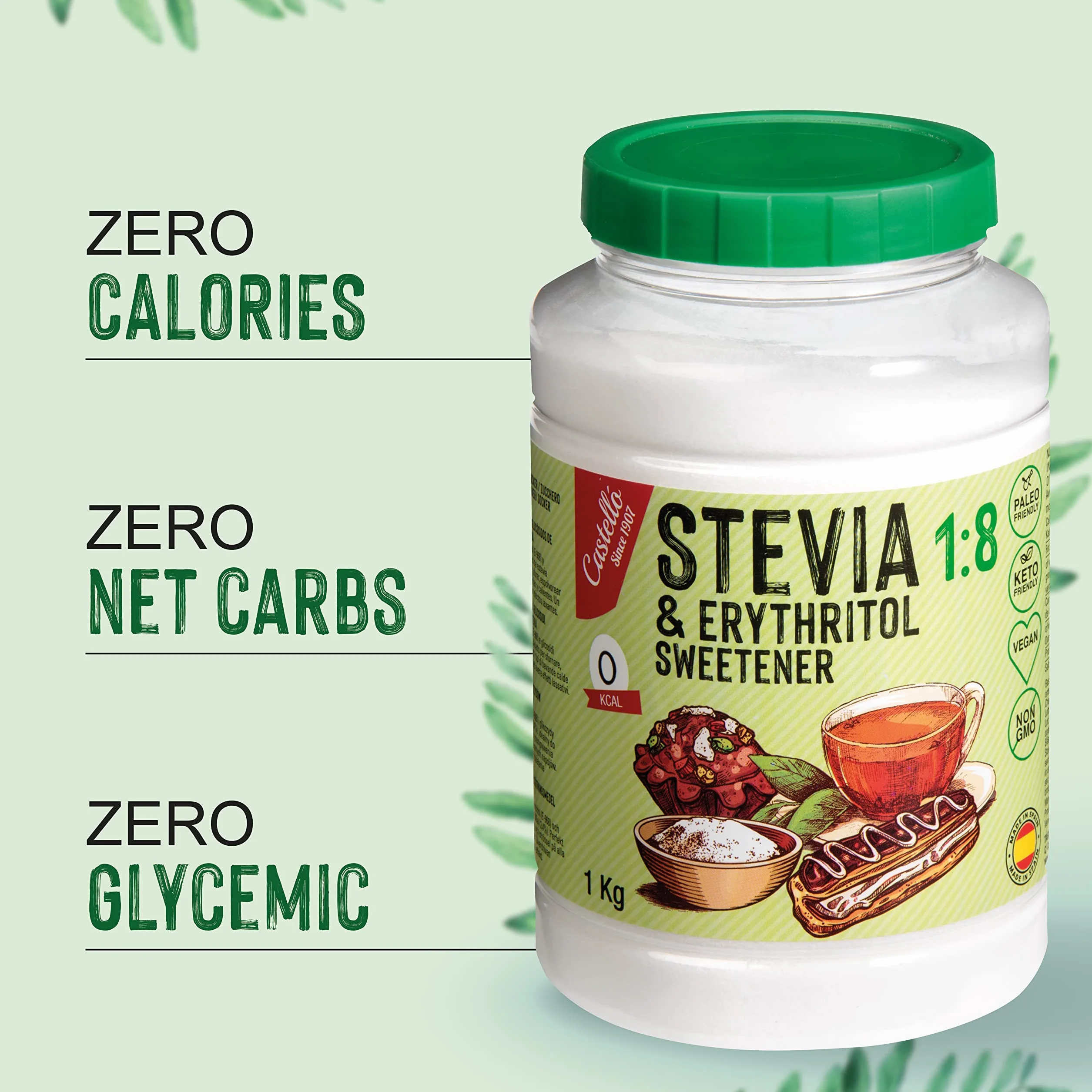 Castillo Stevia Eritritol 1:8 1 kg Sustituto del Azúcar 100% Natural 0 Calorías 0 Índice Glucémico Keto Paleo