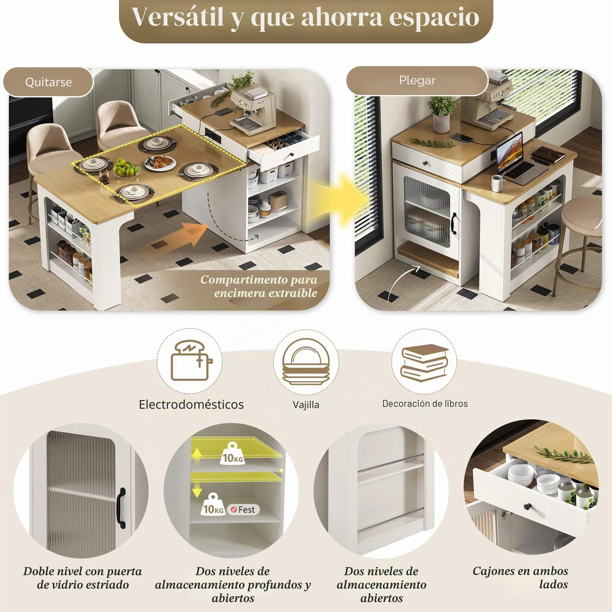 Bladez Isla de cocina con ruedas, mesa de comedor extensible con tapa extraíble, mesa de bar con regletas y espacio de almacenamiento, aparador con puertas de cristal para cocina y comedor (blanco-A)