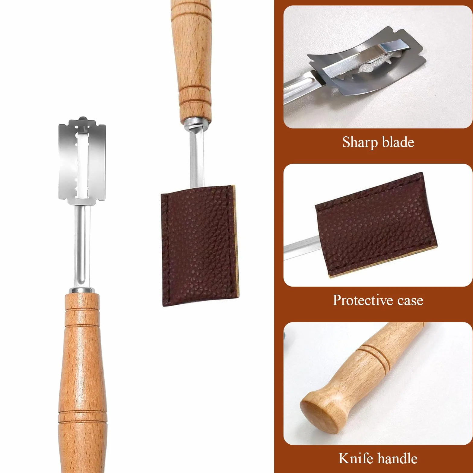 Cuchillo de panadero, cuchillo de pan, cuchillo de cortar pan, navaja de afeitar, accesorios para hornear pan (5 cuchillas + 1 funda de piel)