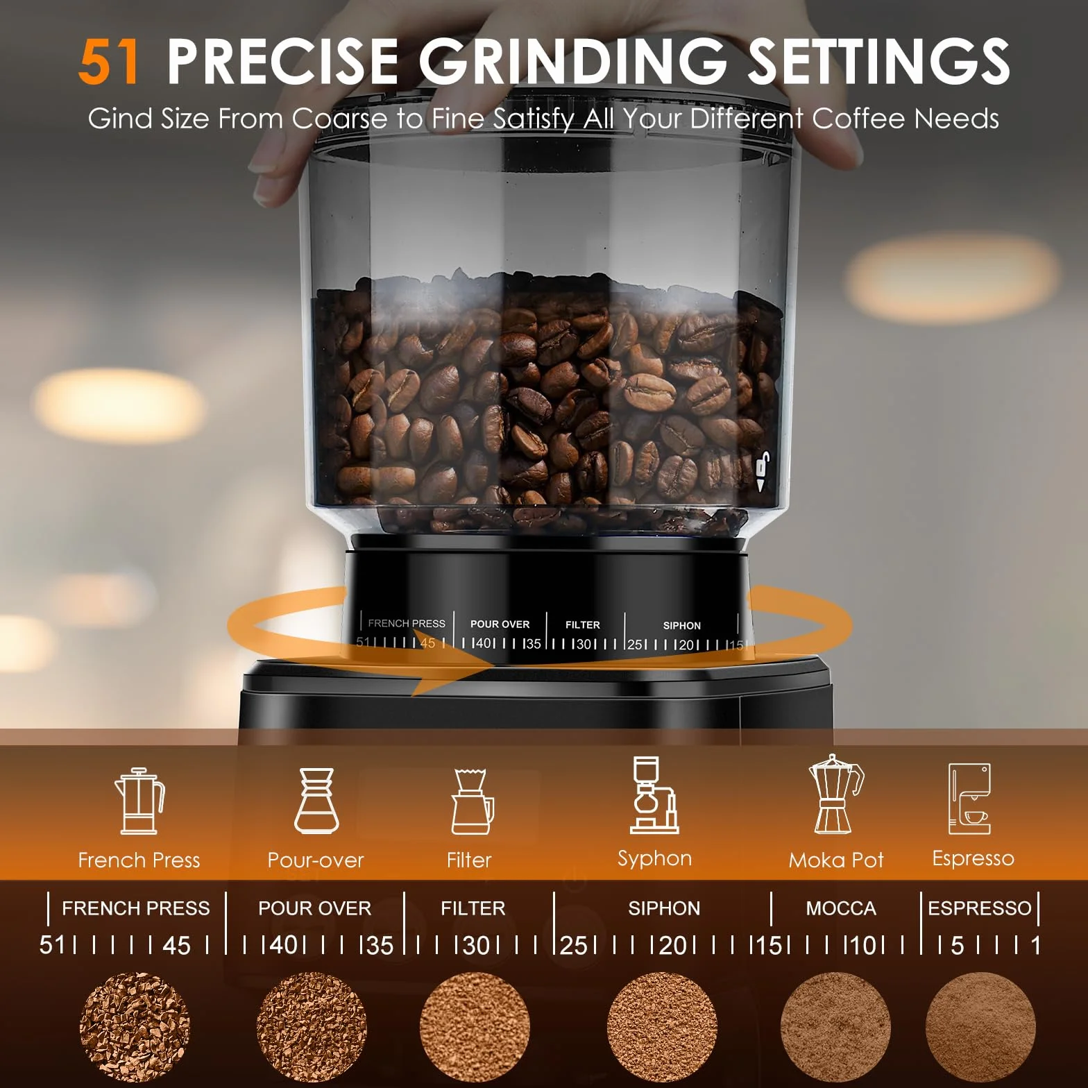 Homtone Molino de Café Eléctrico, 51 Niveles de Molienda Ajustables, Molinillo Cónico de Acero Inoxidable, Tecnología Antiestática, para Espresso, Café de Filtro y Prensa Francesa, 160 W (Plata)