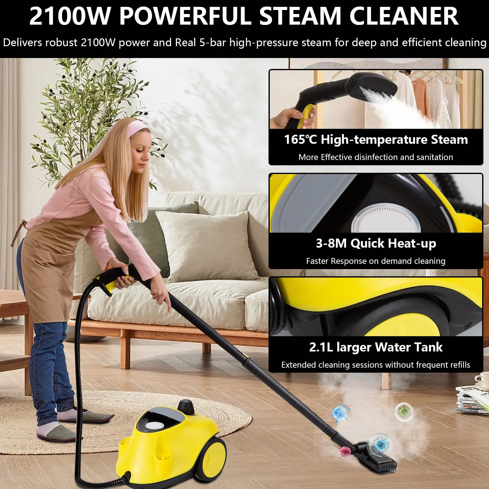 Limpiador a Vapor 2100 W Mejorado con 29 Accesorio, Multifunción con Depósito 2,1 L, Presión 5 bar, Kit de Suelos y Boquillas, Alarma de Agua Baja, para Alfombras, Azulejos, Ventanas, Suelos (Negro)