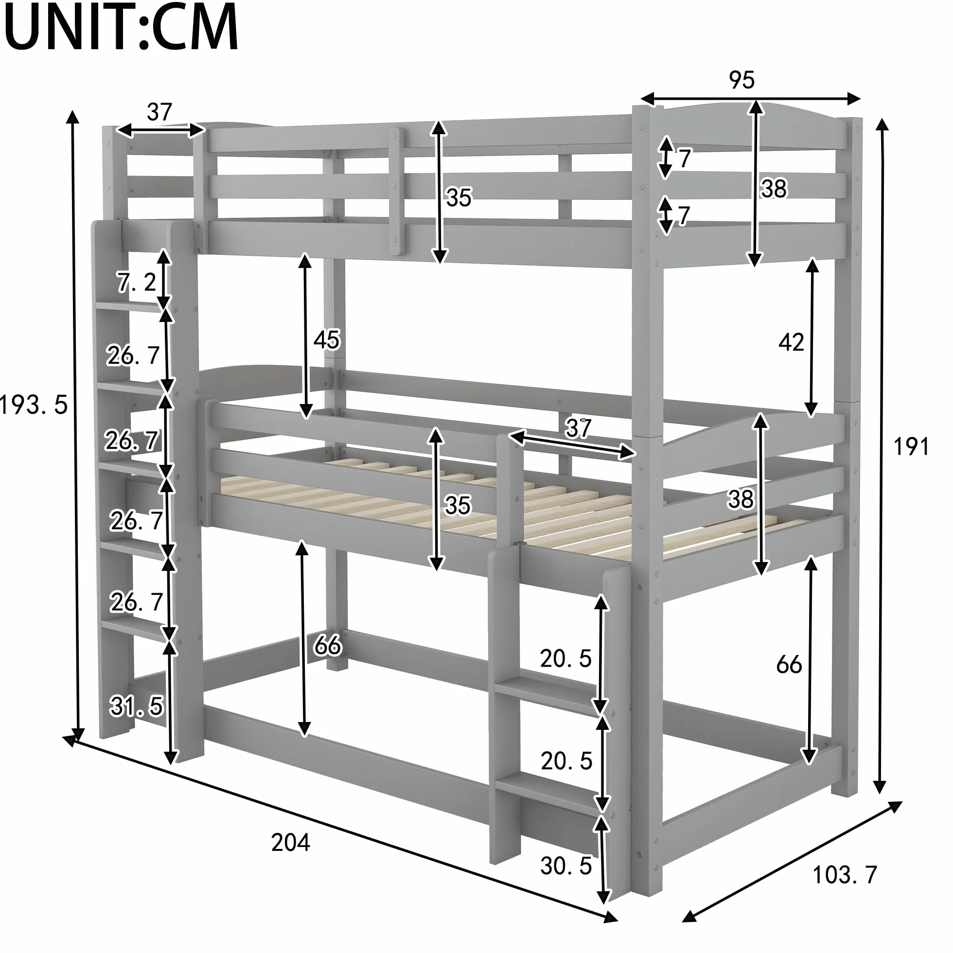 Azkoeesy Litera para 3 Niños 90x200 cm, Estructura Modular, con Somier y Barandilla de Seguridad, Madera de Pino Color Gris