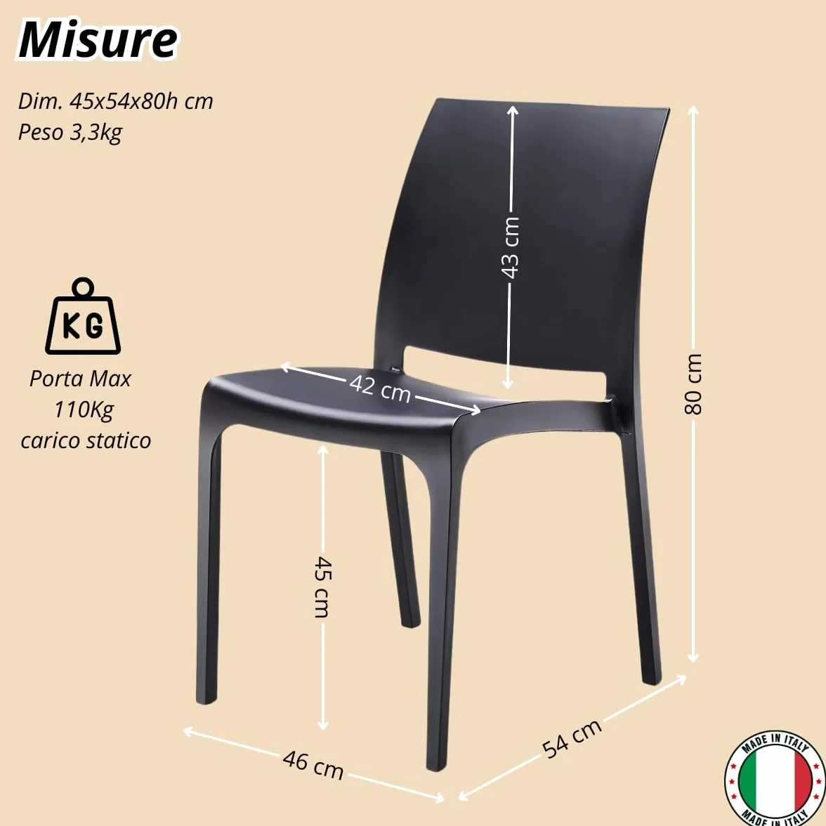 Tomaino - Silla de cocina de plástico, 6 sillas apilables de plástico con reposabrazos para exterior e interior, sillas para jardín, salón, balcón o bar, color negro