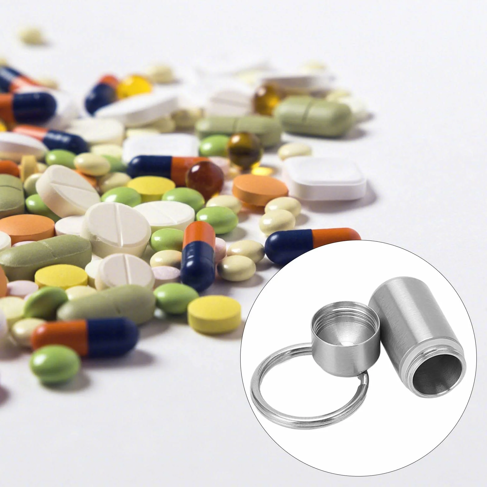 Caja de Pastillas Medicamentos Acero Inoxidable Impermeable con Llavero Portátil