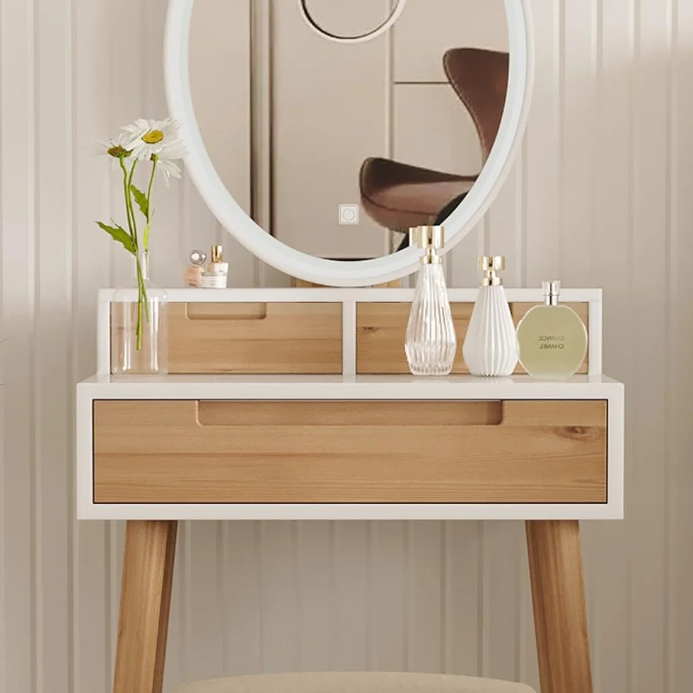 YU YUSING Tocador de Maquillaje con Espejo LED 3 Modos Luz y Taburete 3 Cajones, Mesa Cosmética Multifuncional