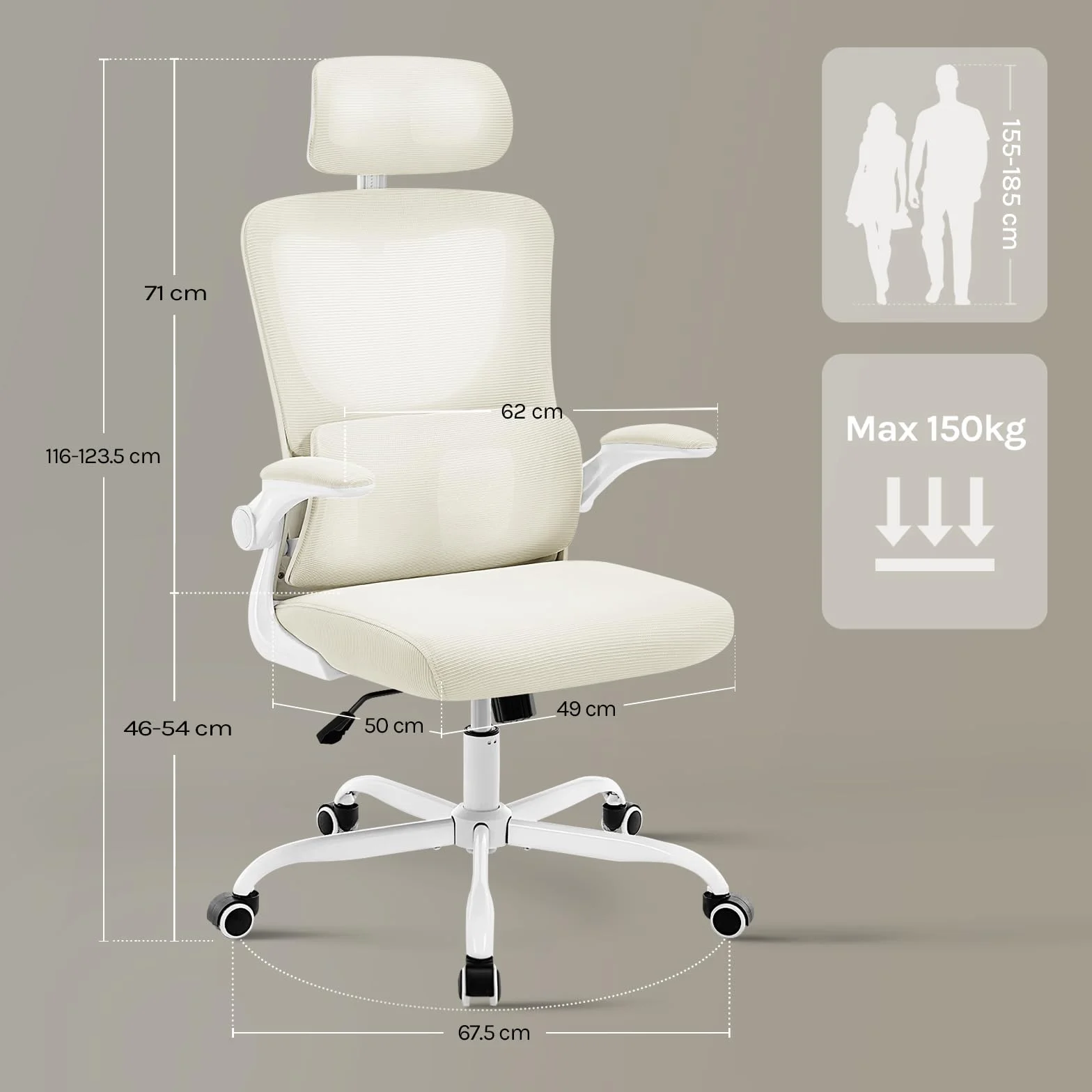 WOLTU Silla Oficina Ergonómica, Sillas Escritorio con Reposabrazos, Reposcabezas y Soporte Lumbar, Respaldo Inclinable de Tela Malla, Beige