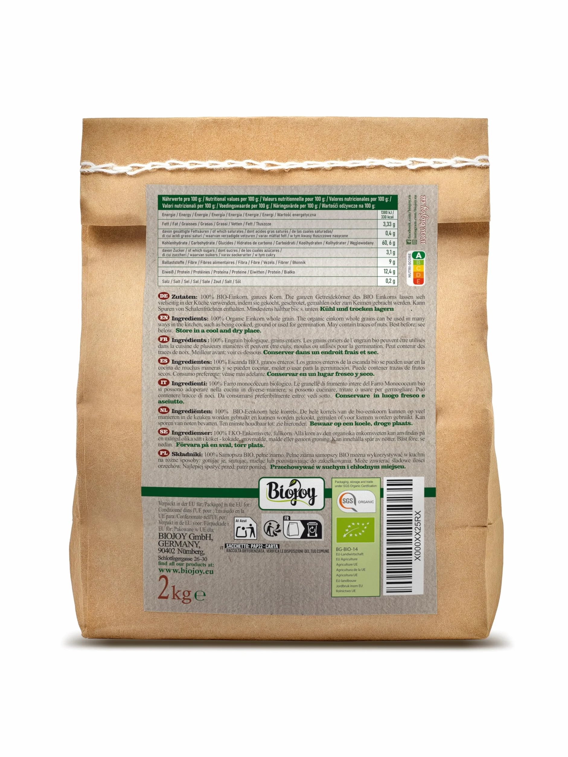 Biojoy Escanda Granos BÍO 2 kg crudos enteros Triticum monococcum