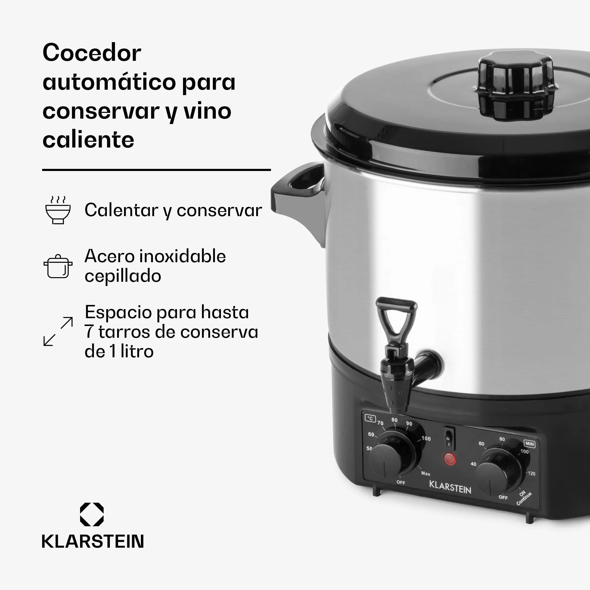 Klarstein Biggie Olla eléctrica pasteurizadora 2000 W 30-100°C 120 min Acero inoxidable 16 L Plateado
