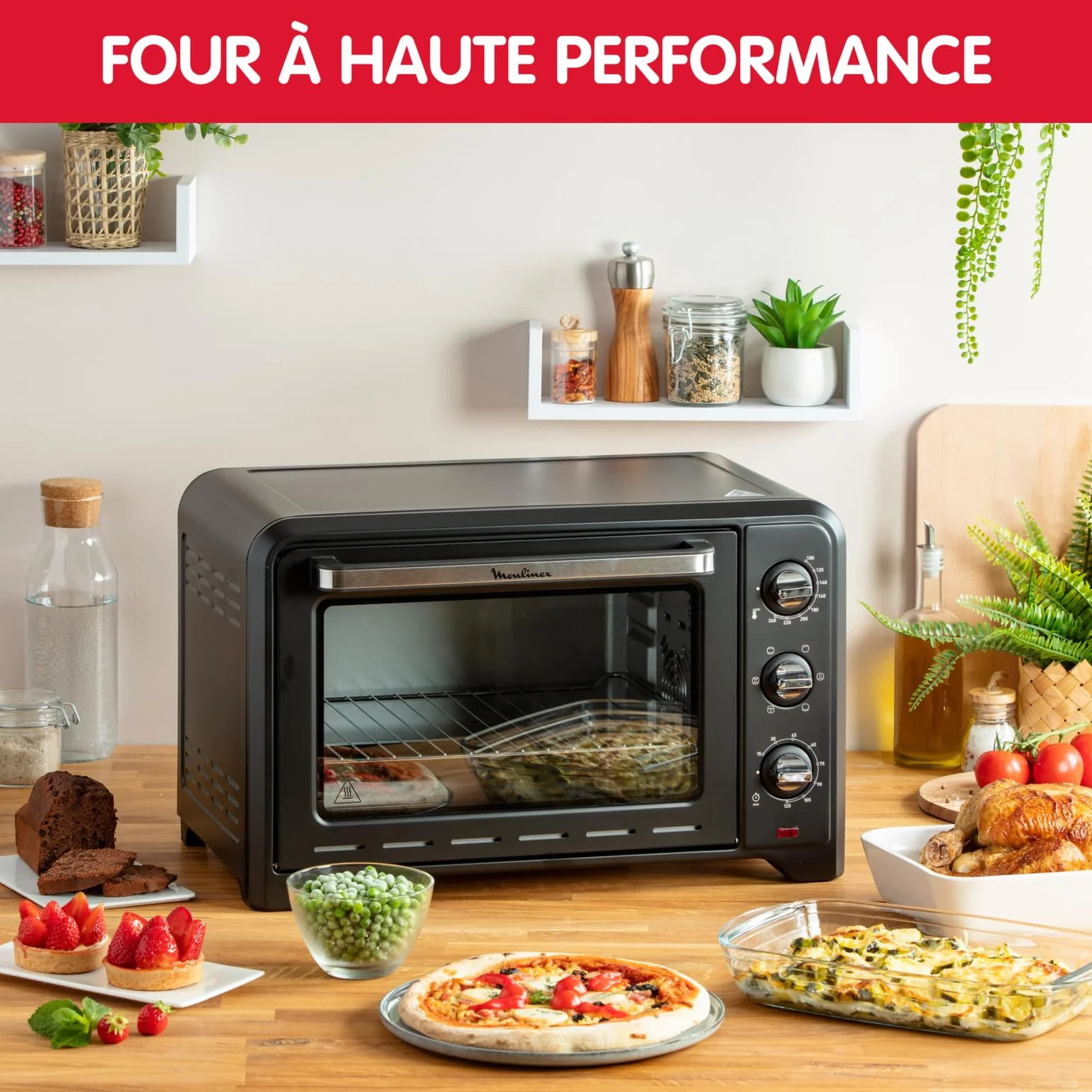 Moulinex - Horno posable 33 L, calor giratorio, convección de punta, 6 modos de cocción, termostato ajustable hasta 240 °C, temporizador 120 min, rejilla reversible, manoplas de silicona, Optimo Negro