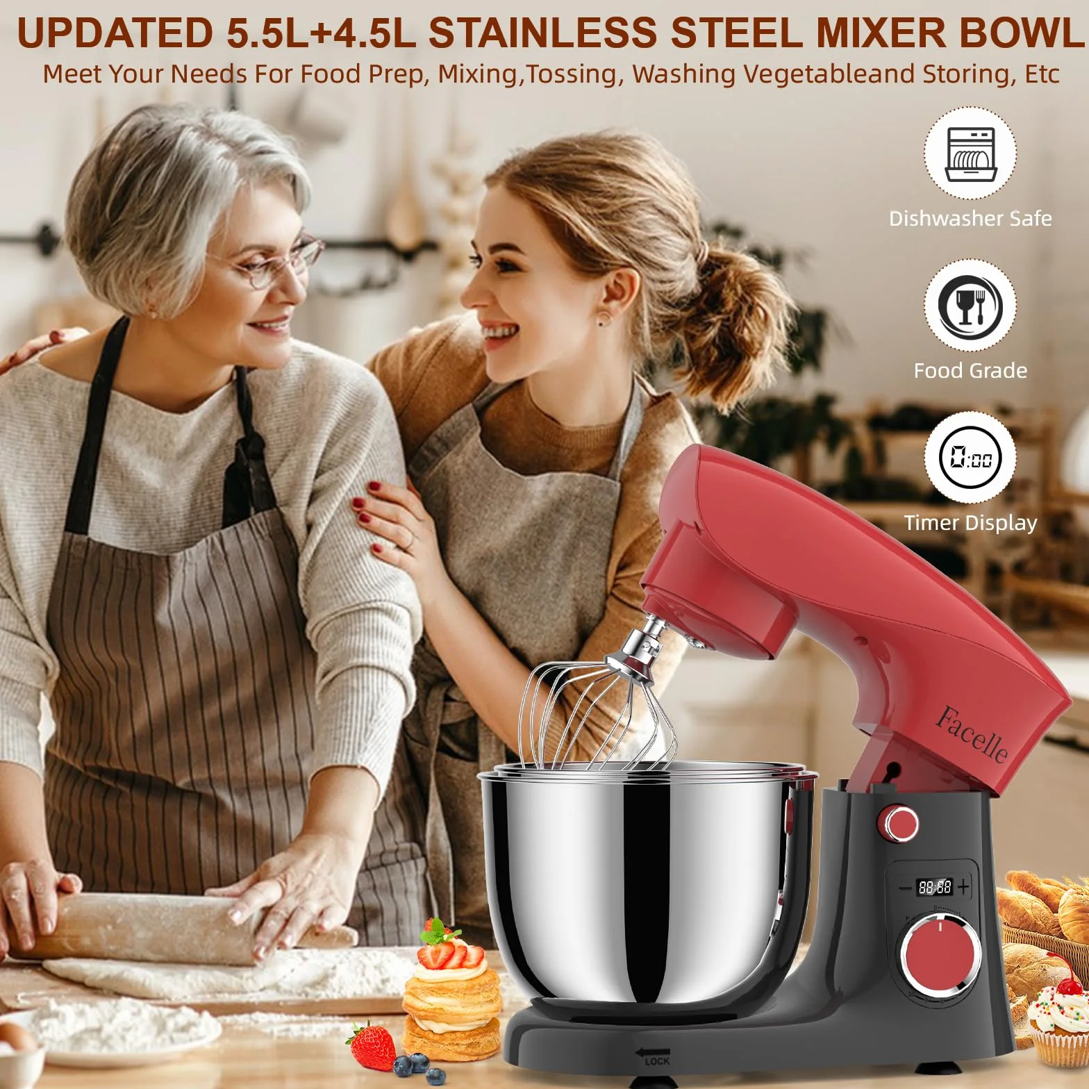 Batidora Amasadora Reposteria 1500 W, Facelle 5,5L & 4,5L Amasadora de Pan Multifunción, 10+P Robot de Cocina Amasador con Batidor, Batidor Plano, Gancho Para Masa y Protector Contra Salpicaduras