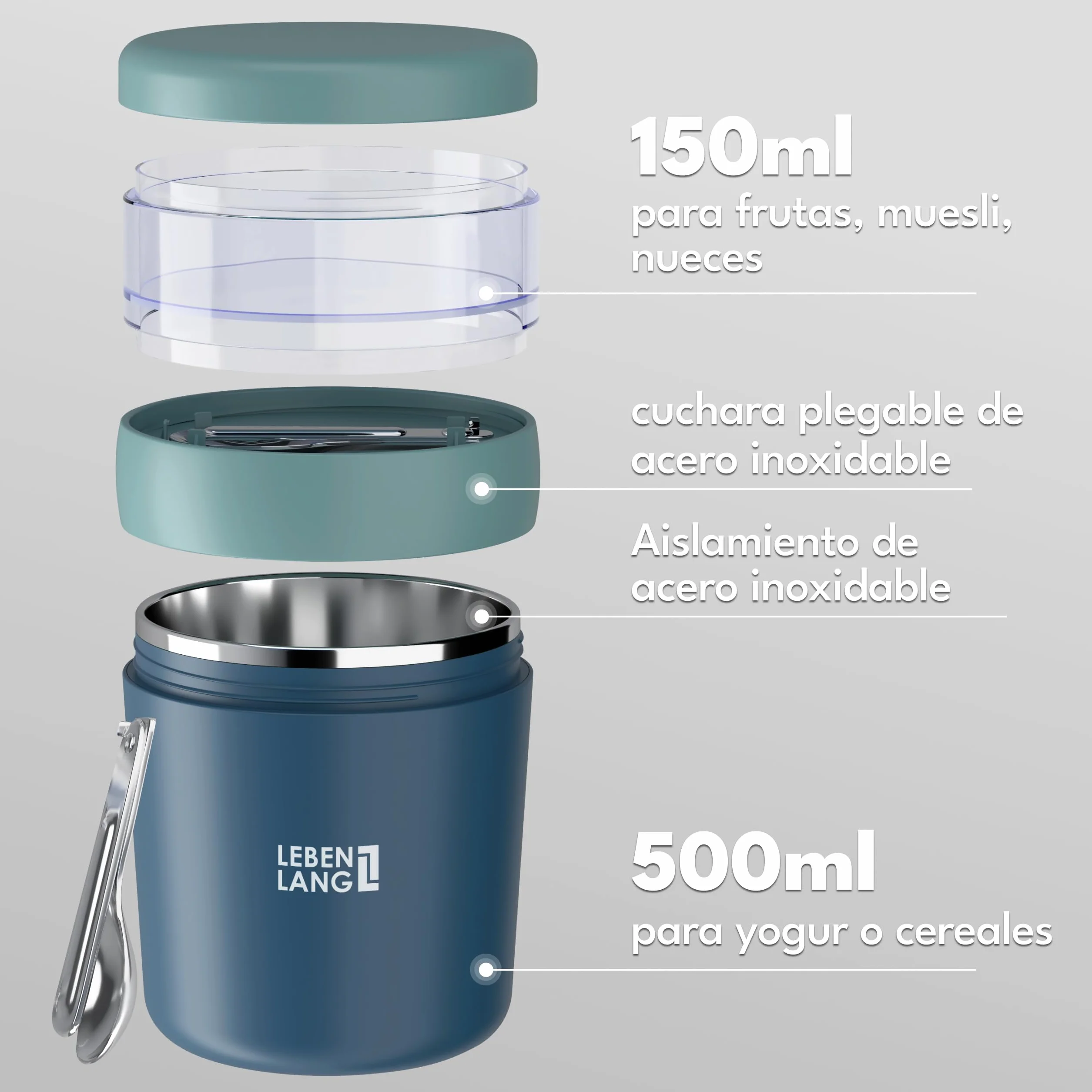LEBENLANG Vaso Yogures & cereales para llevar con cuchara - 650ml & Pared Interior Aislante Inox I Overnight Oats Jar Tarro Cereales Tarros Yogurt Con Tapa Porta Yogur Vaso Smoothie Cereal Cup