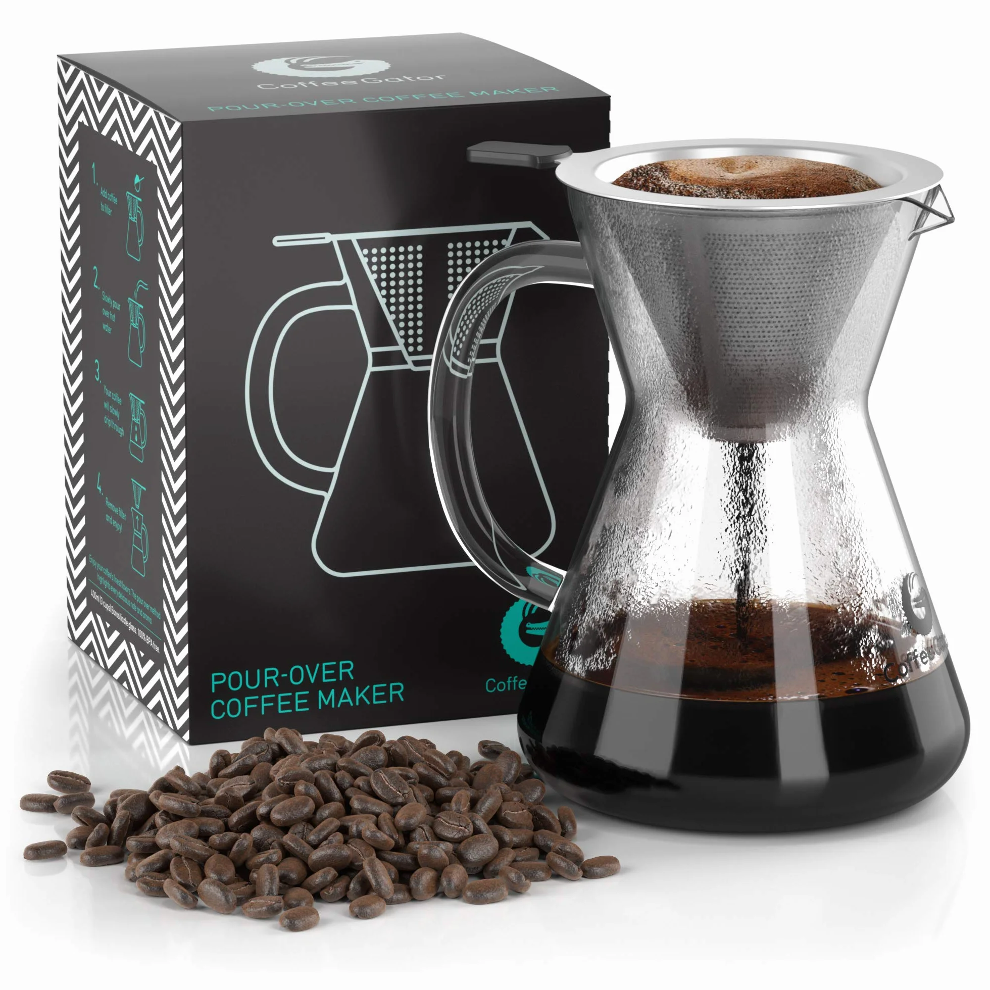 Coffee Gator Cafetera de goteo Pour Over manual con filtro de café permanente de acero inoxidable y jarra. (400ml)
