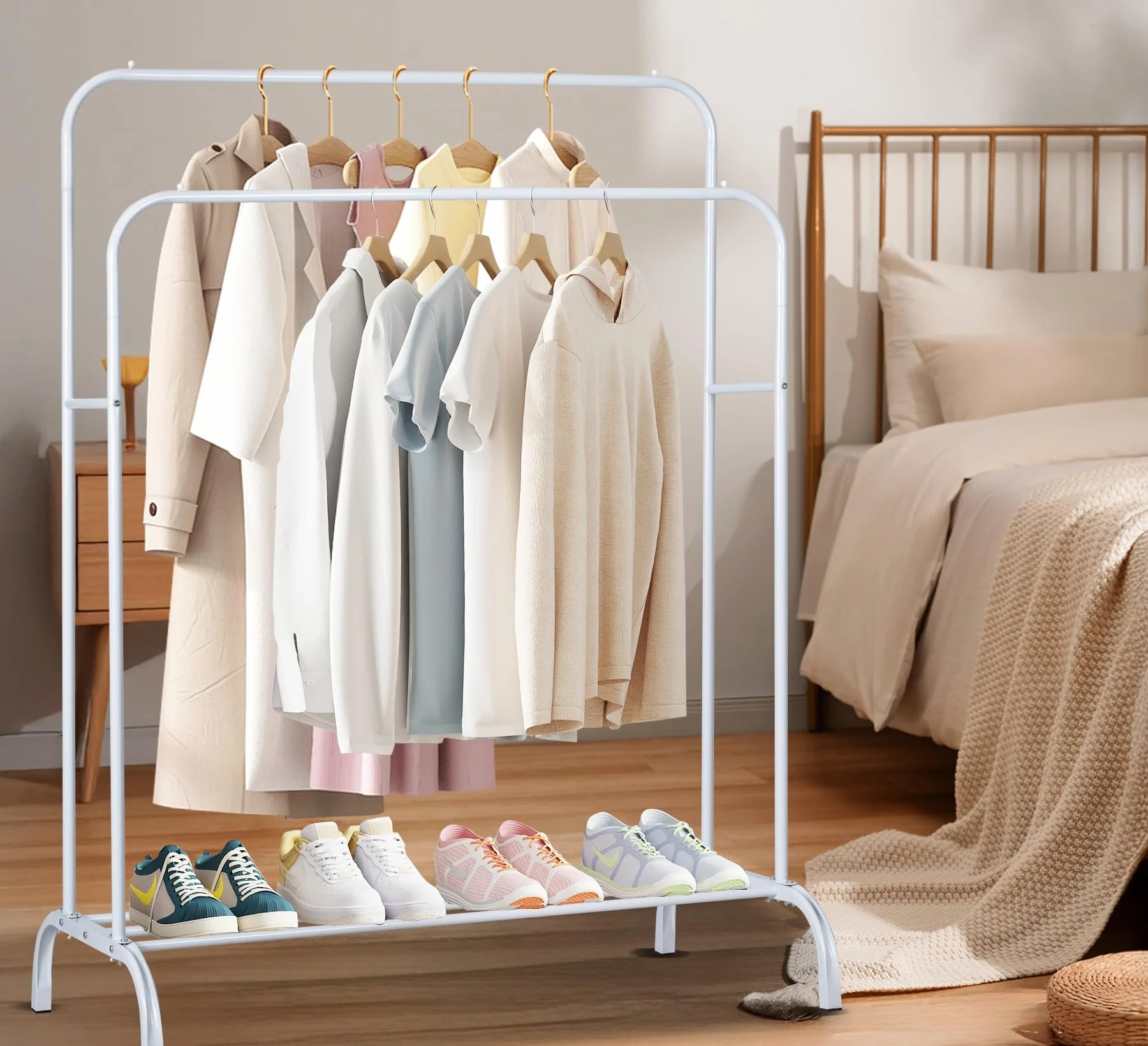 Perchero burro doble de metal con barras para colgar ropa y base inferior para zapatos o cajas | Estructura resistente, diseño compacto y moderno | Ideal para dormitorio, vestidor o lavandería