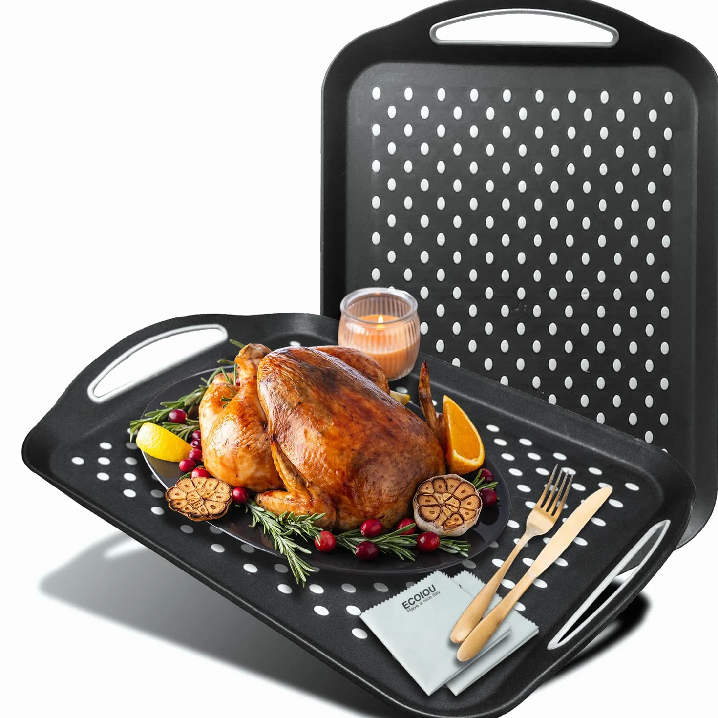 ECOIOU Bandeja antideslizante más grande para servir alimentos con asas, 17.9 x 12 pulgadas, color negro