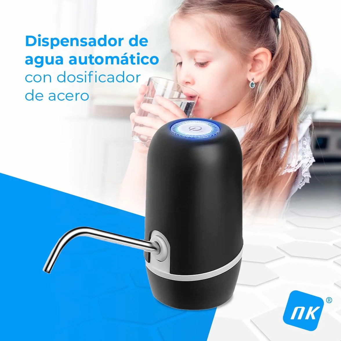 NK Dispensador de Agua Automático Carga USB 1200mAh Acero sin BPA Negro 16cm