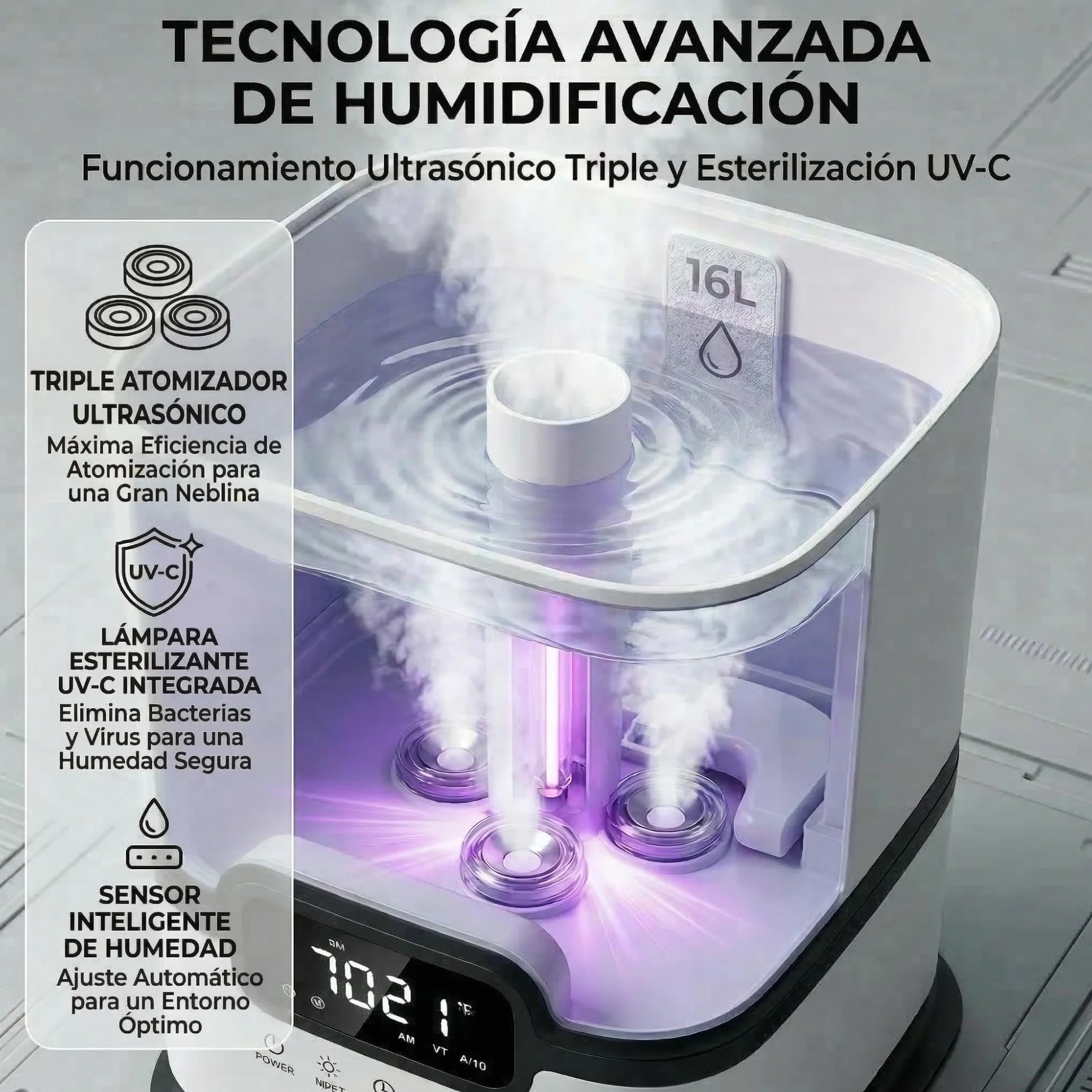 LUMS Humidificador Industrial 16L, Control Inteligente de Humedad, Temporizador, Relleno Superior, 3 Núcleos, Portátil