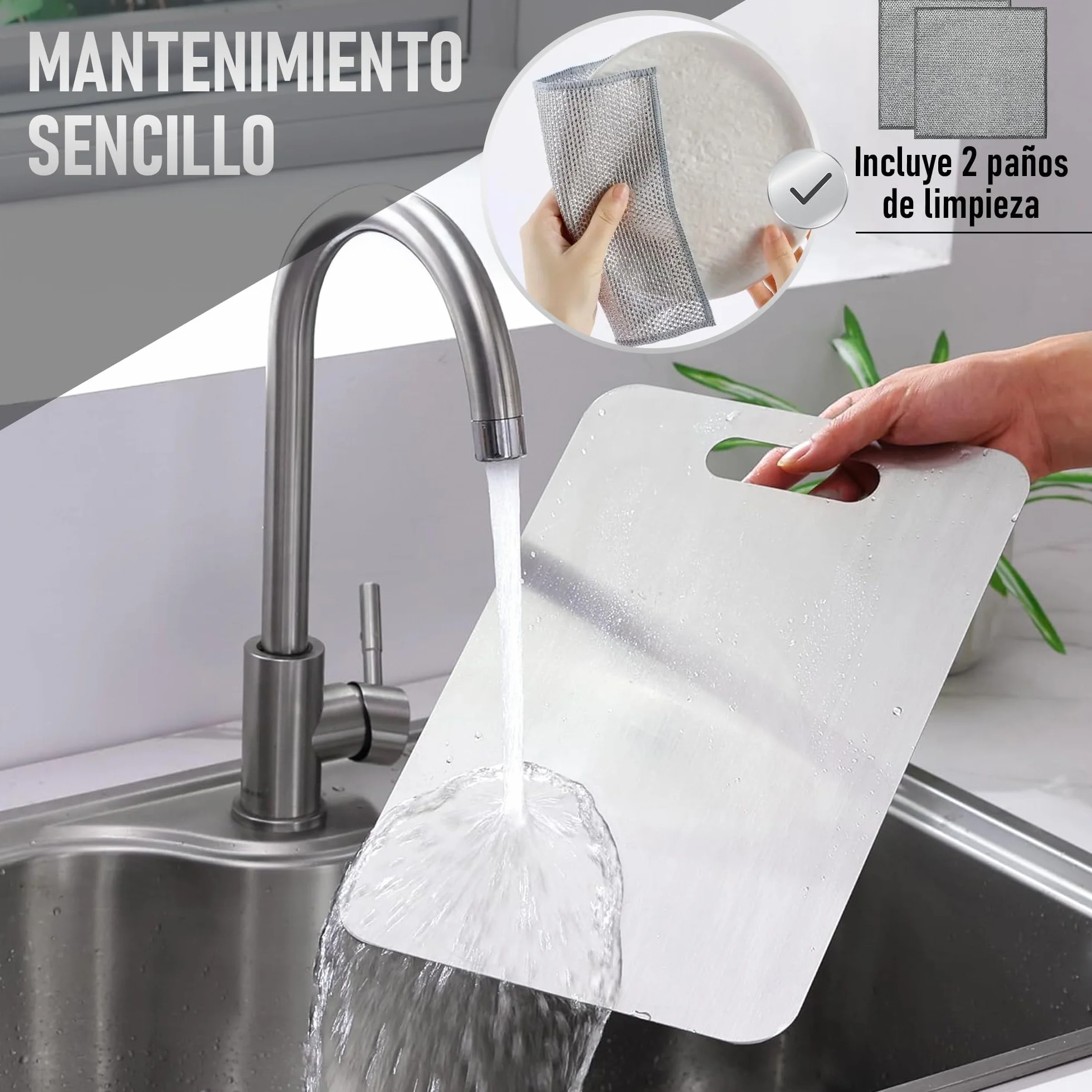 SET de 3 Tabla de Cortar con Aleación de Titanio para Cocina de Acero Inoxidable SUS316 y SUS 304 + Ganchos y Paños - Tabla de Cortar de Titanio Resistente + Reversible y Antibacteriana | 3-Stars