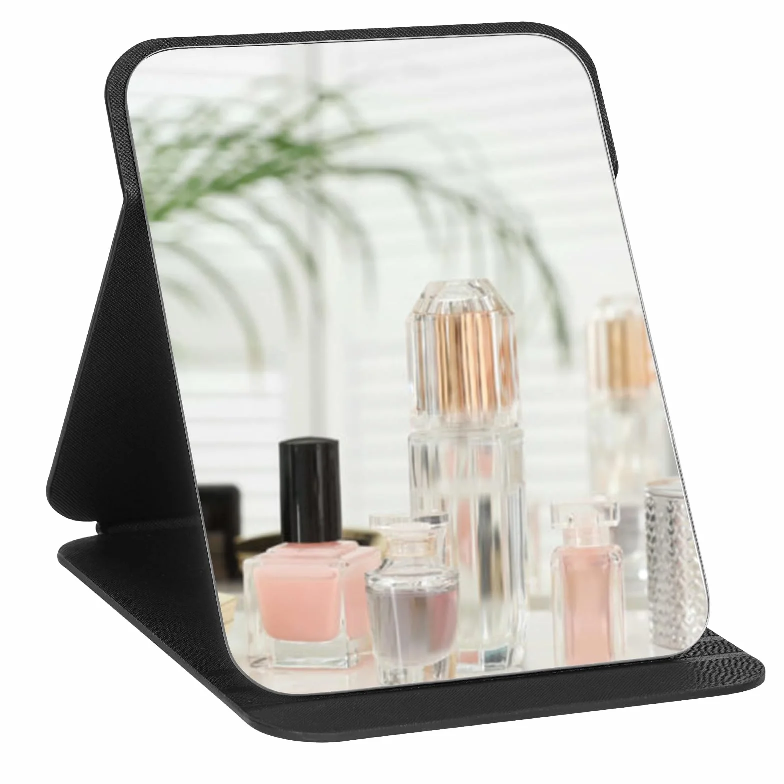 OSDUE Espejo Plegable de Maquillaje de Viaje Portátil de Cuero PU con Soporte Ajustable, Negro Grande y Extra Grande