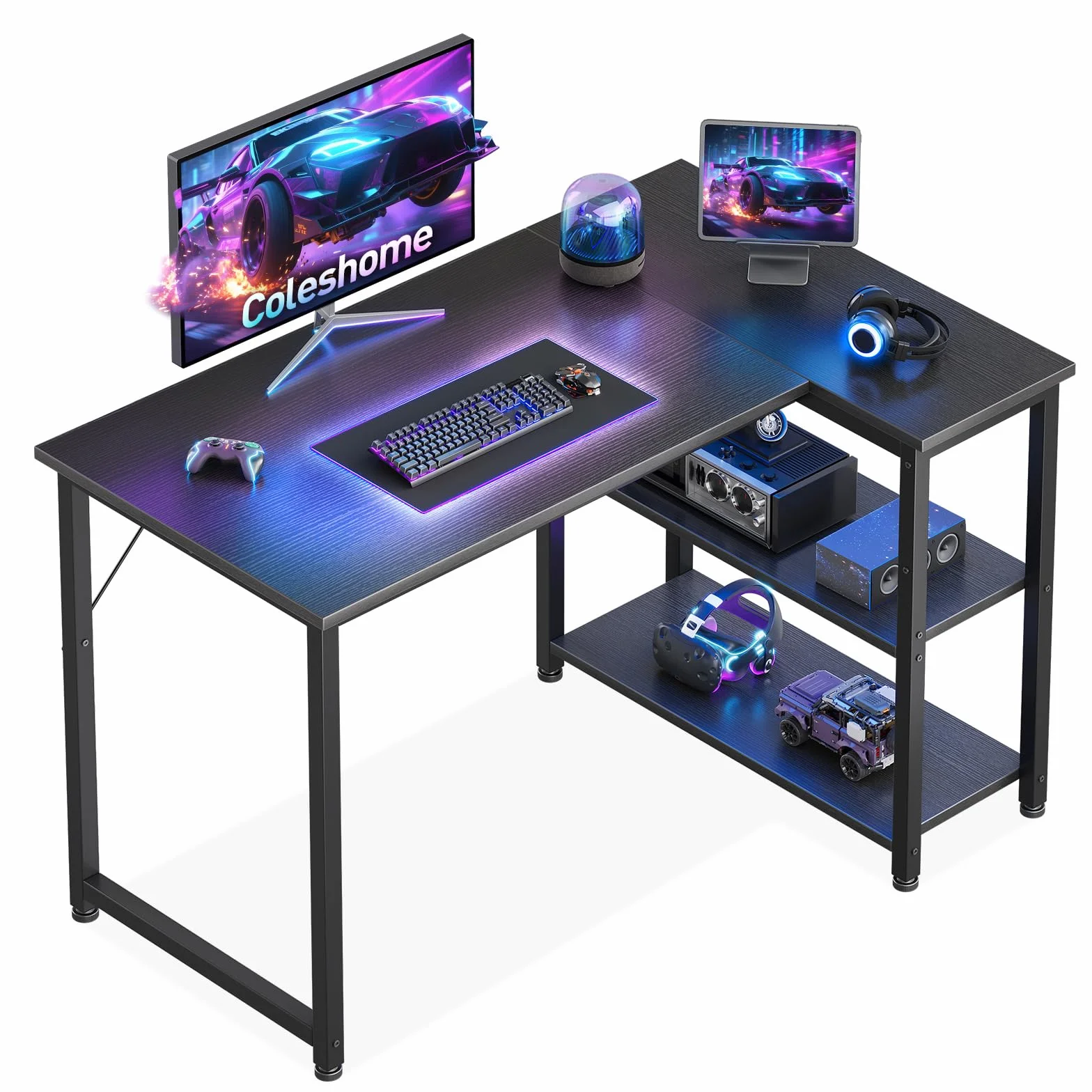 Coleshome Escritorio Gaming Esquinero 100x70cm con Estante Reversible, Negro