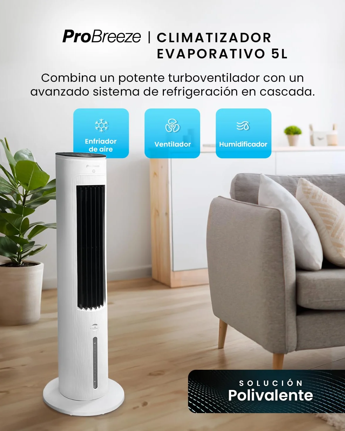 Pro Breeze OmniAir Climatizador Evaporativo Portátil 3 en 1 de 5L con Humidificación, 3 Velocidades, Temporizador 7H, Mando a Distancia y Oscilación - Enfriador de Aire Evaporativo - Blanco