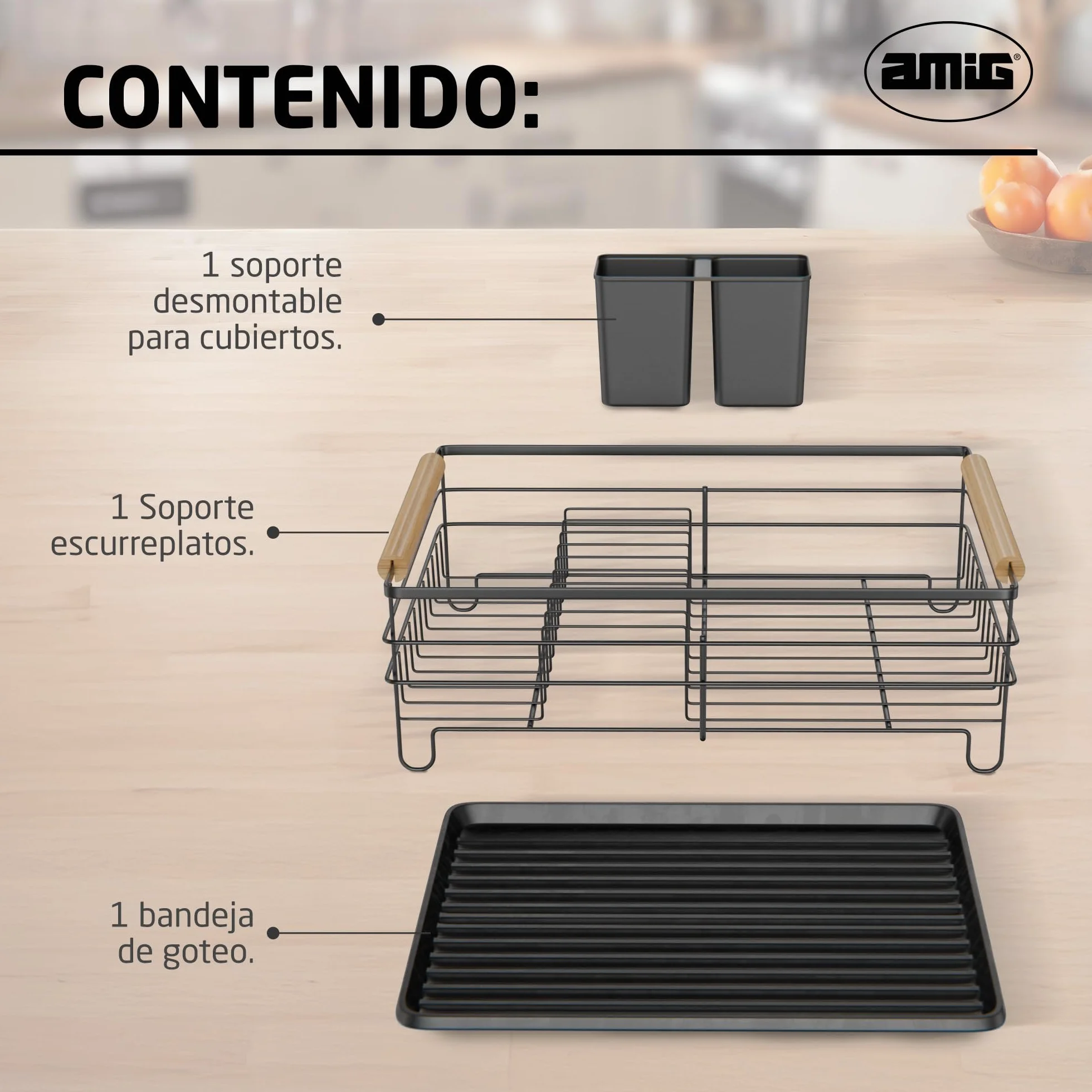 Amig - Escurreplatos Graz II Negro - 42 x 31,5 x 15 cm - Acero con Mango de Madera - Color Negro - Escurreplatos con Bandeja de Goteo y Soporte para Cubiertos - Capacidad 10 Platos y 6 Vasos