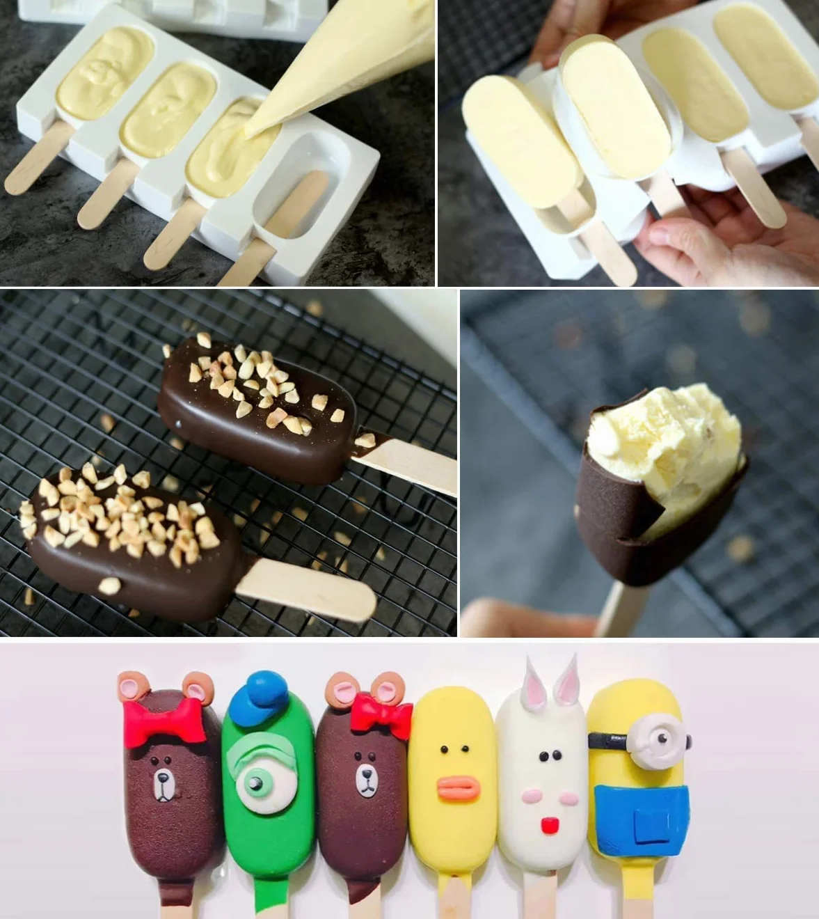 Moldes Helados Silicona sin BPA, 4 Cavidades con 50 Palos Madera, 2 Unidades