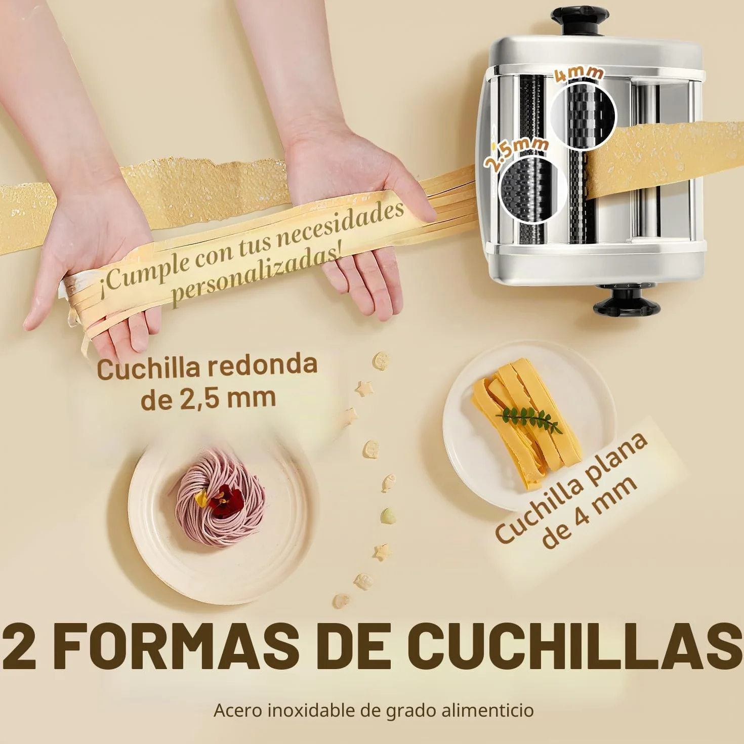 CGOLDENWALL Máquina de Pasta Eléctrica Fresca, Motor de 135W con 2 Cuchillas (2.5 mm/4 mm) y 9 Grosores Ajustables de 0.5-5 mm, Protectora de ABS, Acero Inoxidable para Hacer Espaguetis