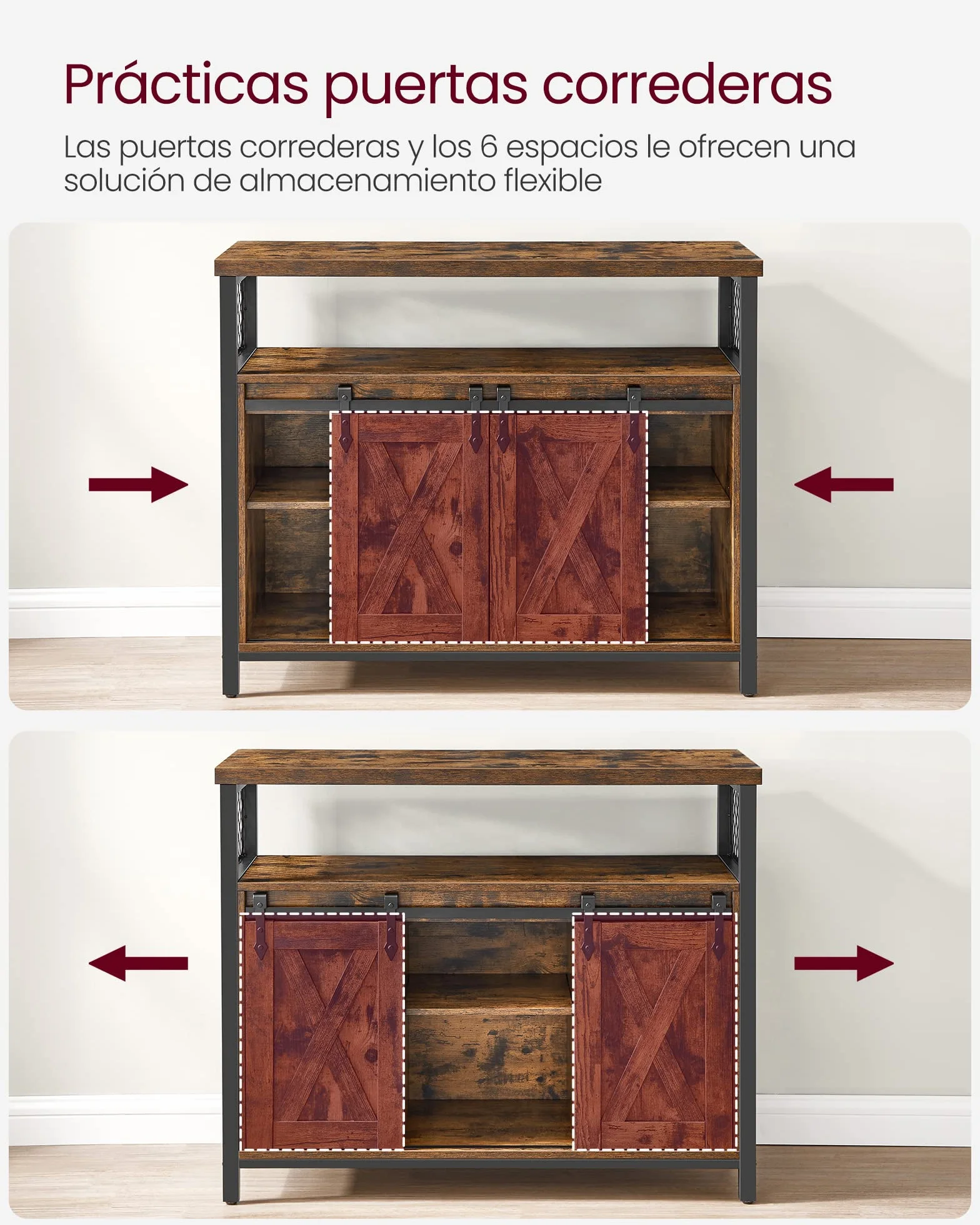 VASAGLE Aparador, Armario de Cocina, Armario de Almacenamiento, con 2 Puertas Correderas, 33 x 100 x 80 cm, Estantes Ajustables, para Salón, Marrón Rústico y Negro Tinta LSC092B01