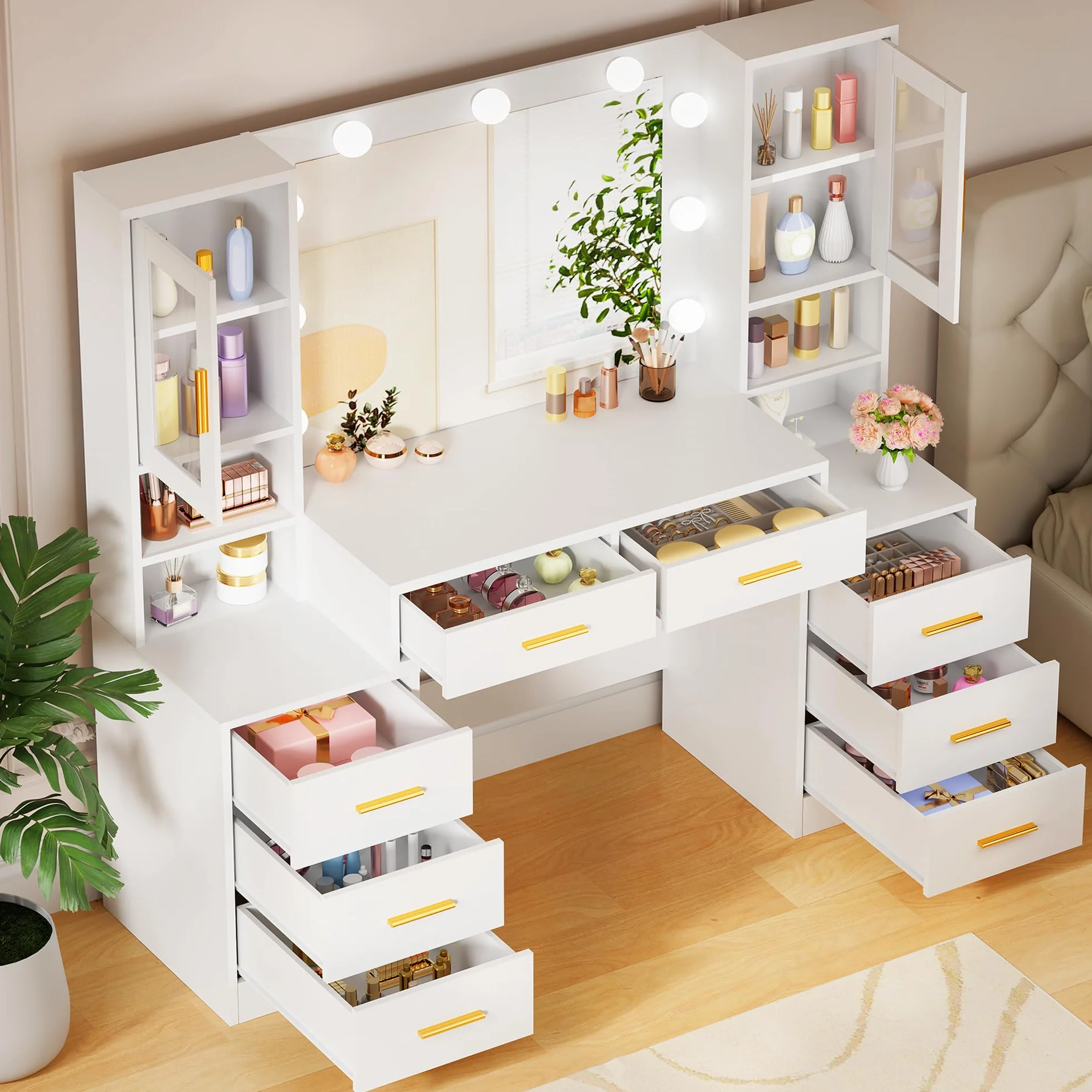 BEWISHOME Tocador de Maquillaje con Luces LED, Brillo Ajustable, 8 Cajones, Blanco EFST37W