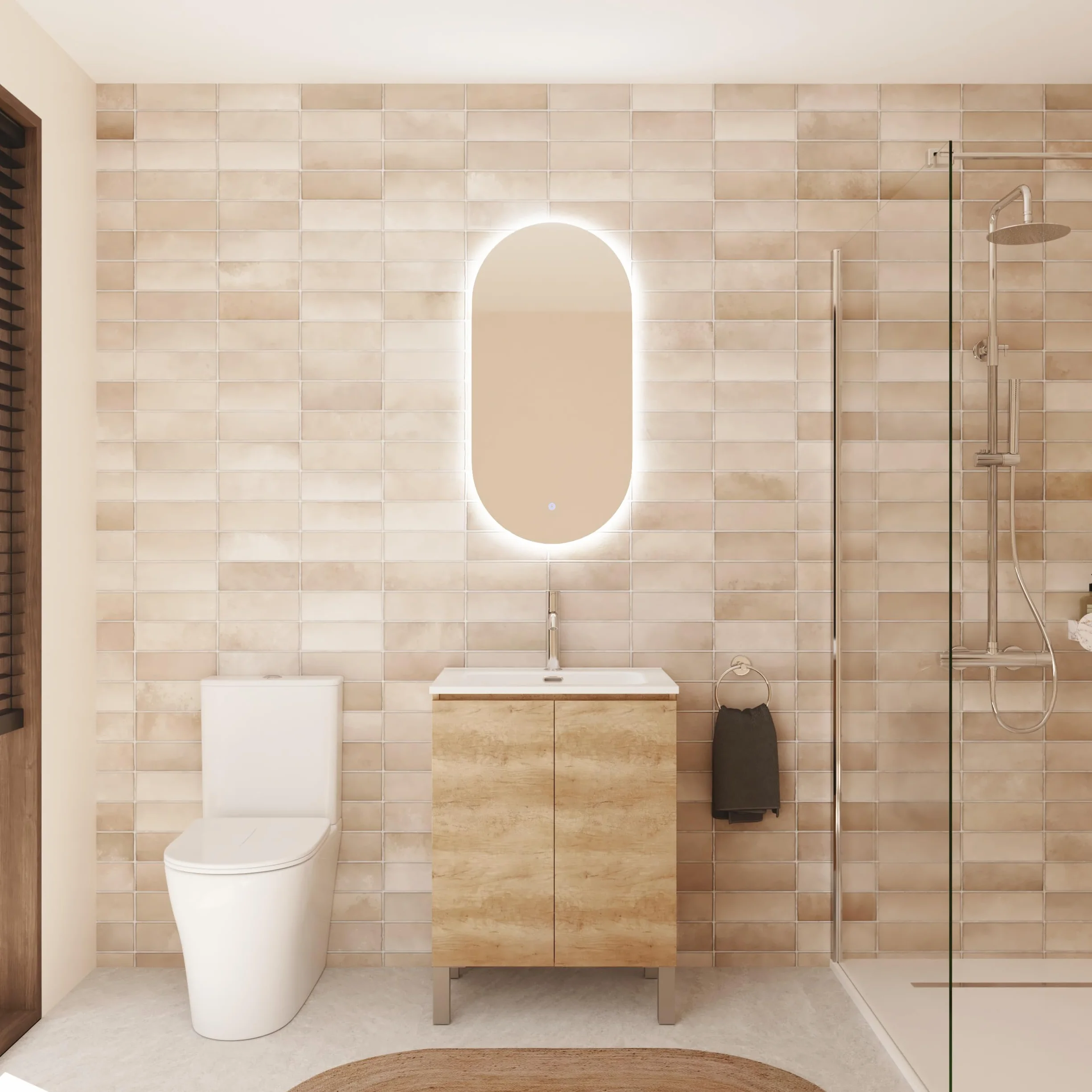 Baikal Mueble de Baño Nook. Mueble MONTADO. 60cm Nature 2 Puertas. Cierre Amortiguado. Patas Cromadas. Armario de Baño. Incluye Lavabo Ceramico